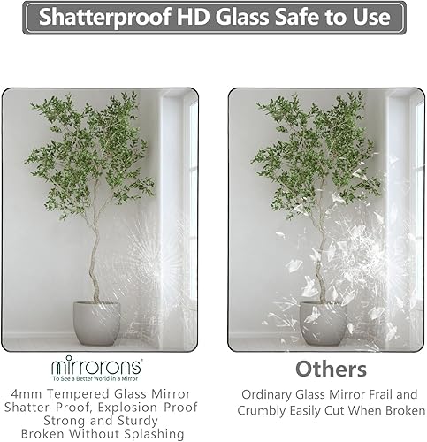 Miniatura 8 de Espejo de baño negro de 36 x 30 pulgadas, espejo de pared negro, espejo de tocador de baño negro mate con esquina redondeada, inastillable