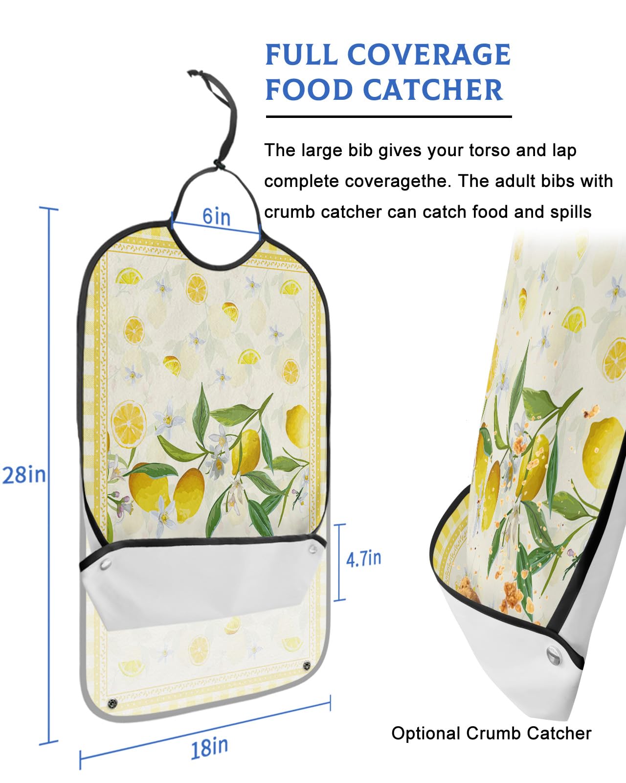 Kewadony Adult Bibs for Elderly Women - Summer Lemon Waterproof Dining Clothing Protectors with Crumb Catcher for Eating/Feeding, Yellow Fruit Checkered Buffalo Plaid Terry Cloth Bib Machine Washable