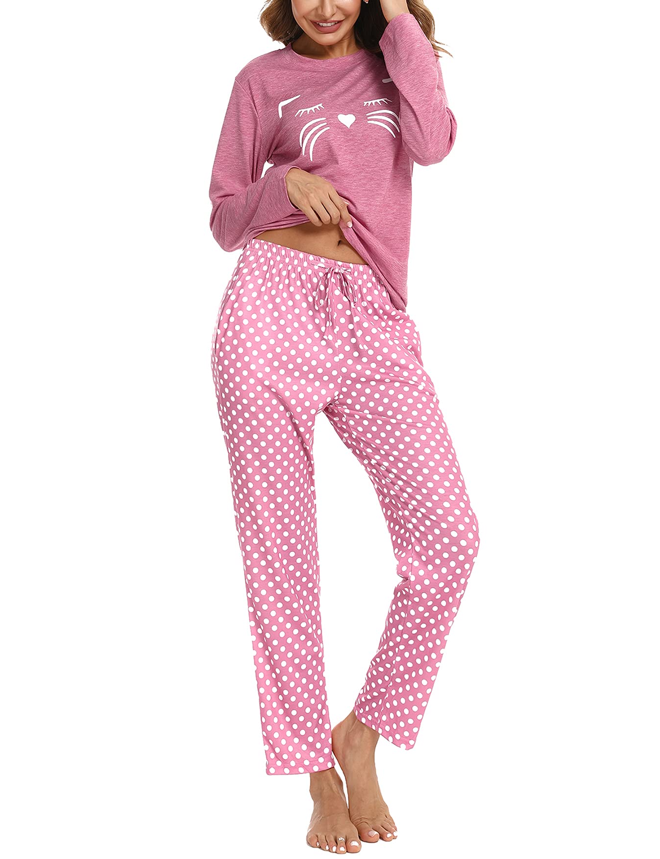 Uniexcosm Pigiama per Donna Pigiama Donna Cotone Lungo Leggero Gatto Girocollo Maniche Lunghe Pigiama Due Pezzi Donna a Tasche Laterali