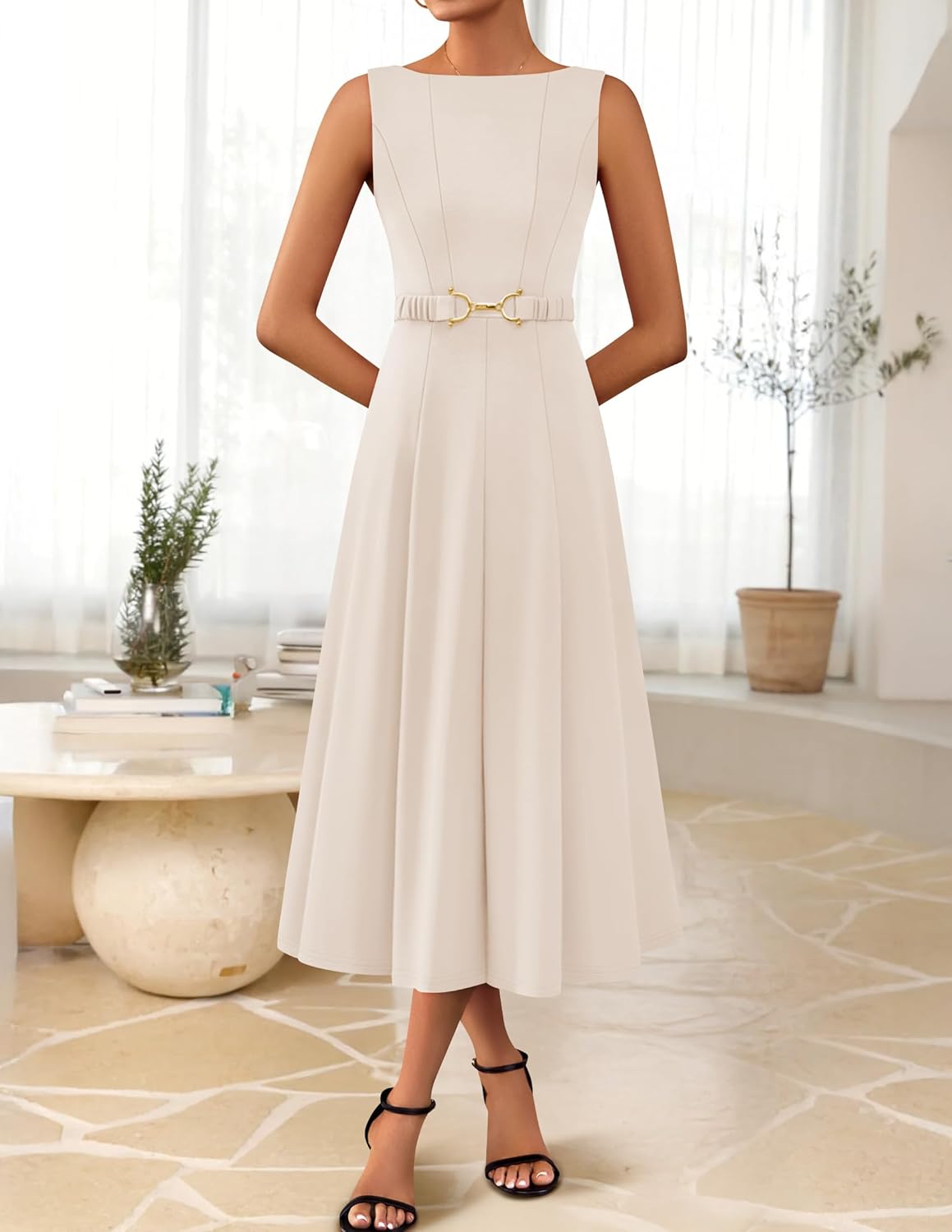 ZESICA Women Summer Sleeveless Midi Dresses 2026 Elegant Boat Neck A Line Tie Waist Spring Cocktail Party Dress - Image 8