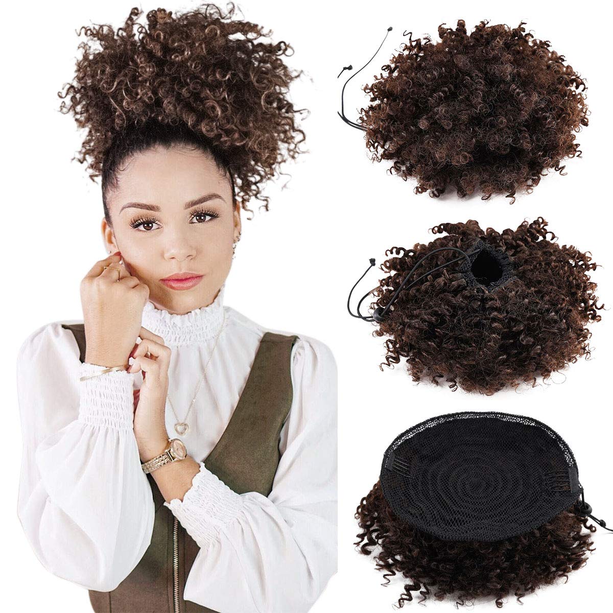 YIBANG 2Pcs Afro Puff Drawstring Ponytail Short Kinky Curly Fluffy Afro Bun Wrap-Wig Around with 2 Clips Ombre Color Hair Puff Synthetic Hairpiece for