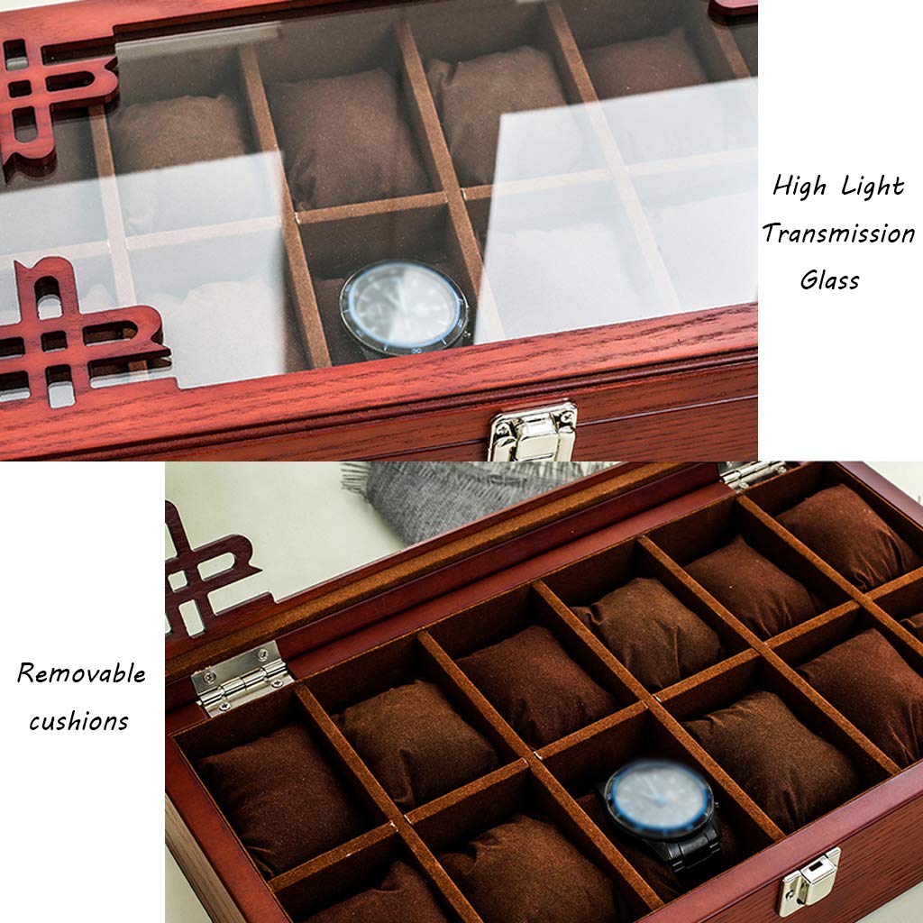 MUSUMI Caja de reloj de Madera con tapa de vidrio,caja de almacenamiento de joyería de lujo para 12 relojes,organizador de gemelos con almohada de almacenamiento extraíble y Hebilla de Metal