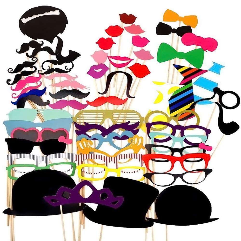 Party Props for Photo Booth Birthday Wedding Kids Adult Prom 58 Pcs, Funny Skywoo Costumes with Mustache on a Stick, Hats, Glasses, Mouth, Bowler, Bowties