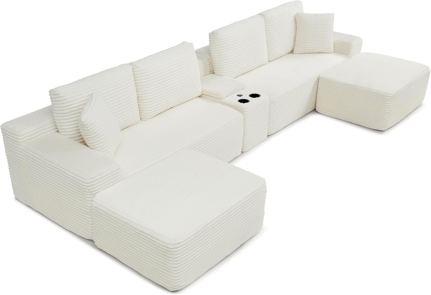 150" Oversized U Shaped Cloud Sectional Couches for Living Room, Comfy Fluffy Corduroy Upholstered Boneless Couch, Large Modular Sectional Sofa with Ottomans, Cup Holder, USB Port, Console | Storage, Compressed, Non-Slip