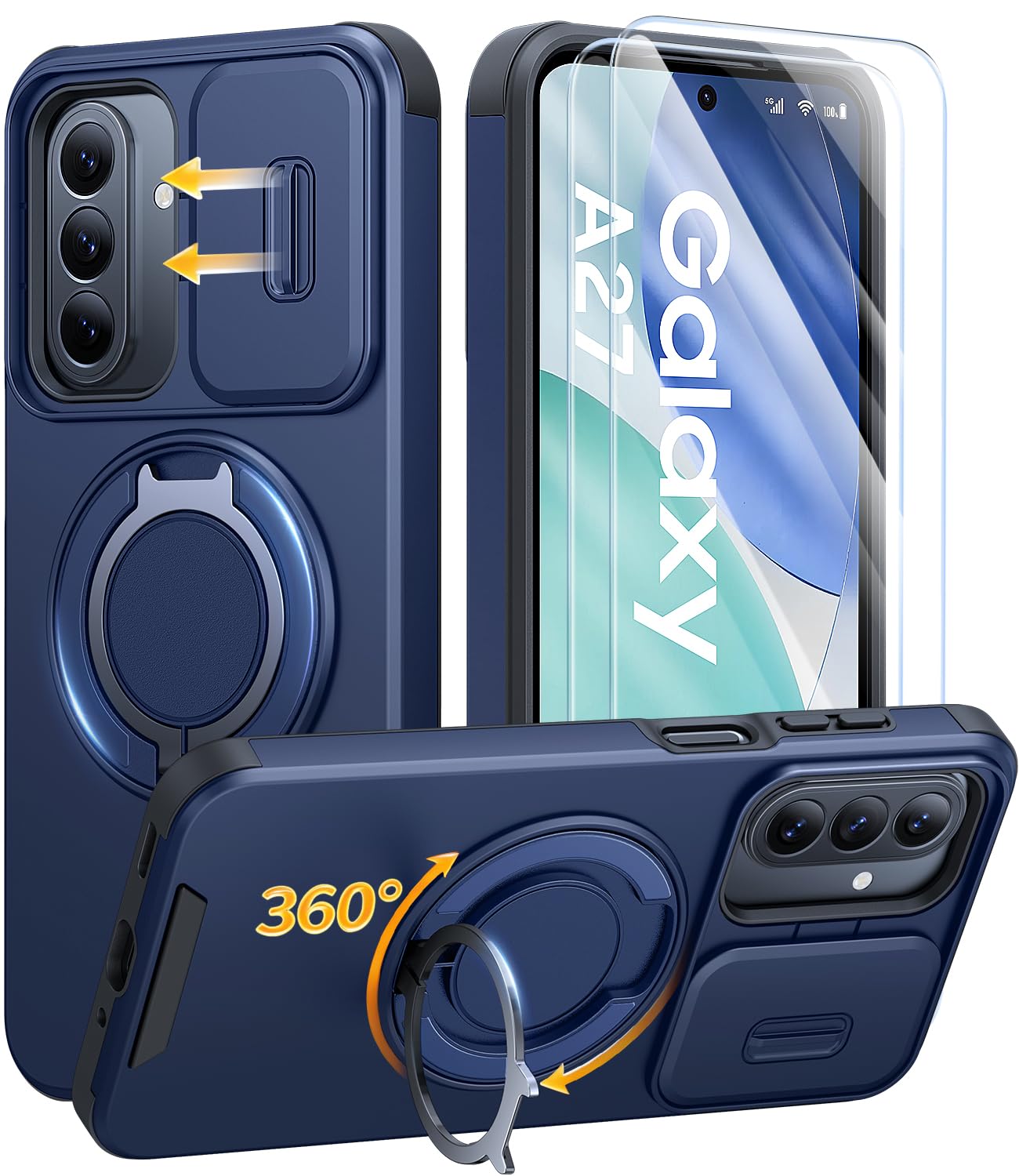 Aouia for Samsung A27 5G Phone Case with 2 Pack Screen Protector, Military Protection Shockproof Samsung Galaxy A27 Phone Case with Slide Camera Cover & 360° Rotating Kickstand, Blue