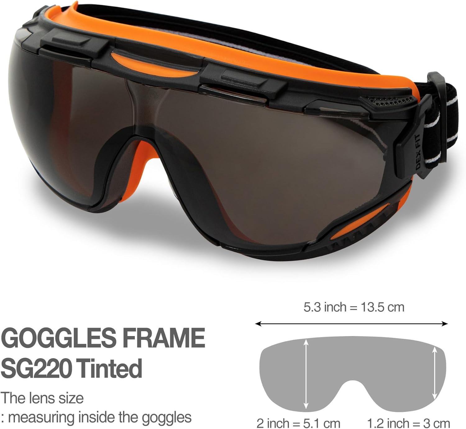 DEX FIT Protective Safety Goggles SG220; Anti Fog & Scratch, Z87 Eye Protection for Work, Adjustable for Women and Men, (Black & Orange Frame, Tinted Lens, 19cm Strap) - Image 5