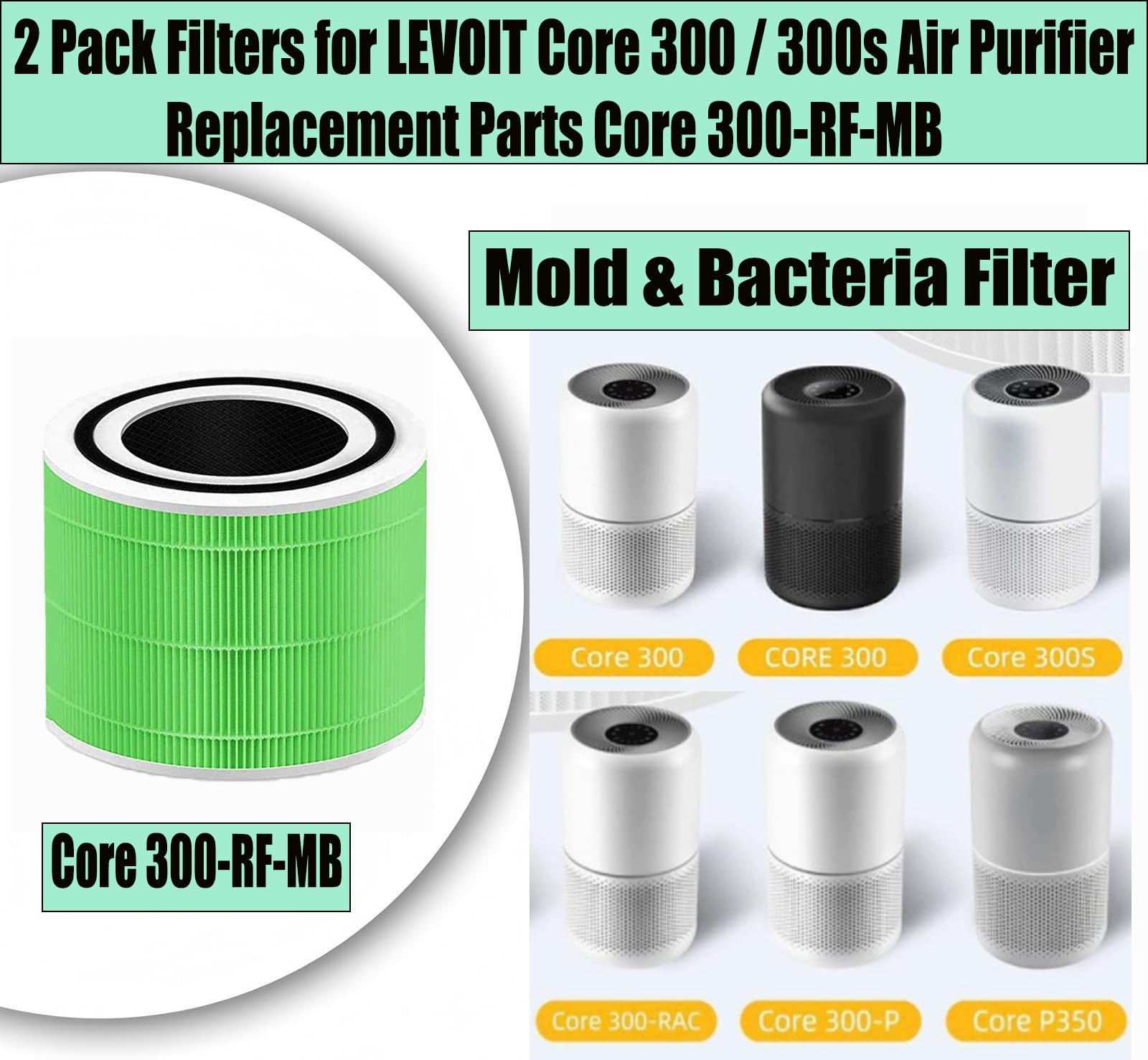 Core 300 Lot de 2 filtres anti-moisissures et bactéries compatibles avec purificateur d'air LEVOIT Core 300/Core 300s, filtre composite HEPA 3 en 1, pièces de rechange Core 300-RF-MB, vert