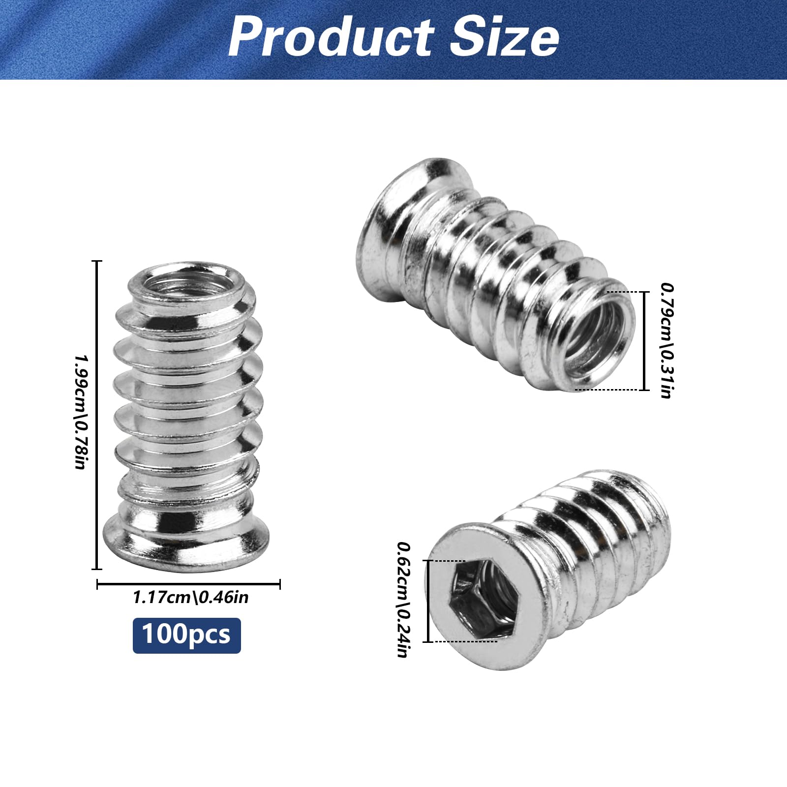 100 dadi di avvitamento M6 x 20 mm, inserto filettato in legno, inserti filettati in acciaio zincato, manicotto filettato a esagono incassato per mobili in legno