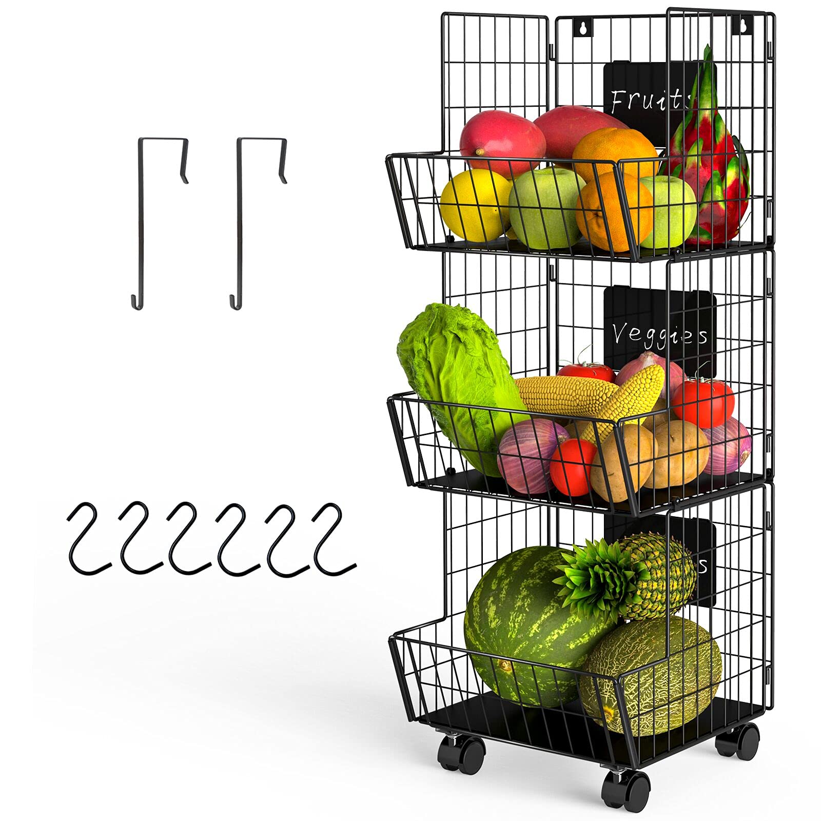 Buy 3 Tier Fruit Vegetable Baskets with Wheel, Removable Chalkboards