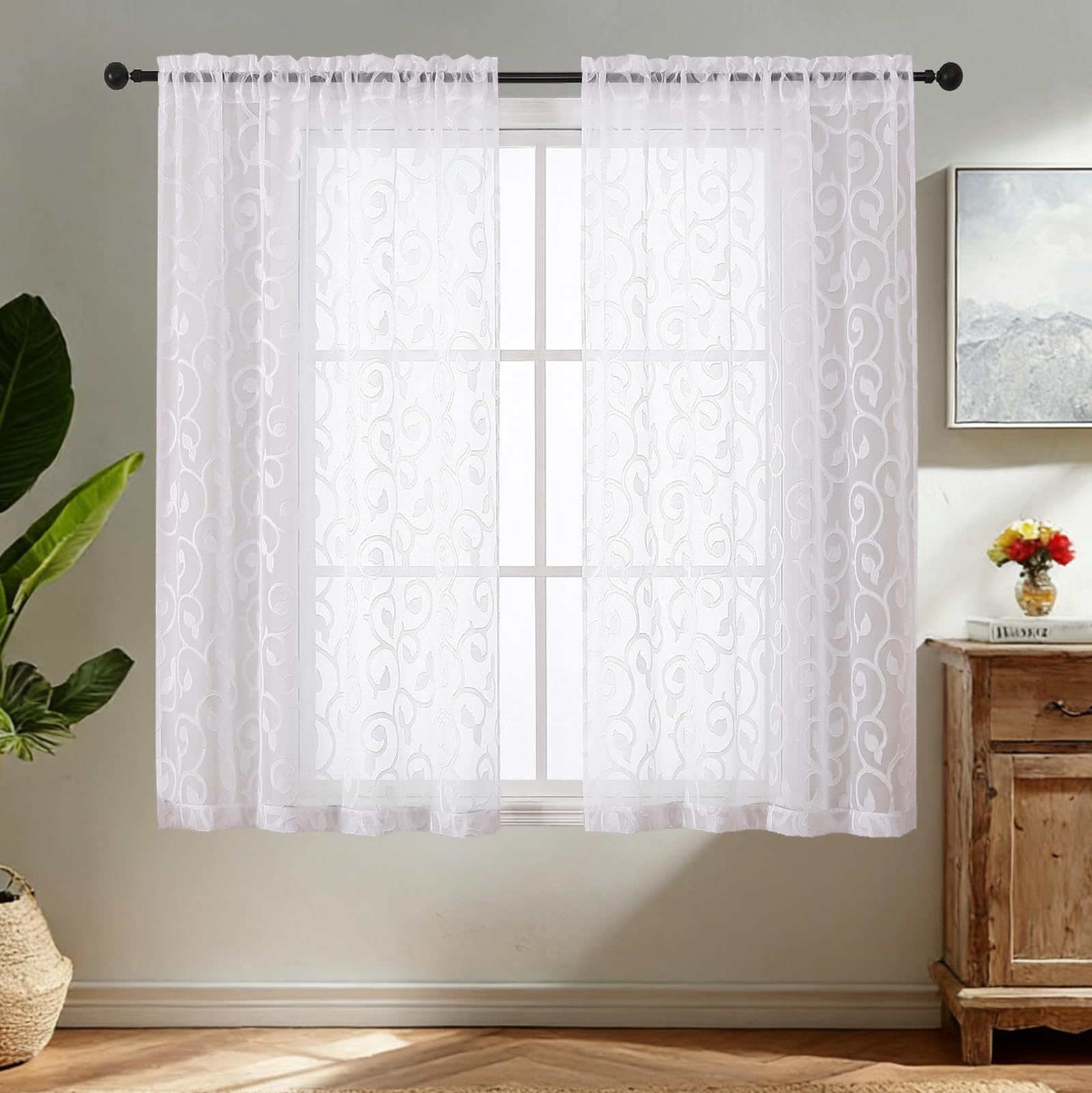 Simplebrand White Sheer Voile Curtains with Embroidered Pattern, 2 Panels 140x137cm, Dual Rod Pocket Light Filtering Bathroom Window Curtains