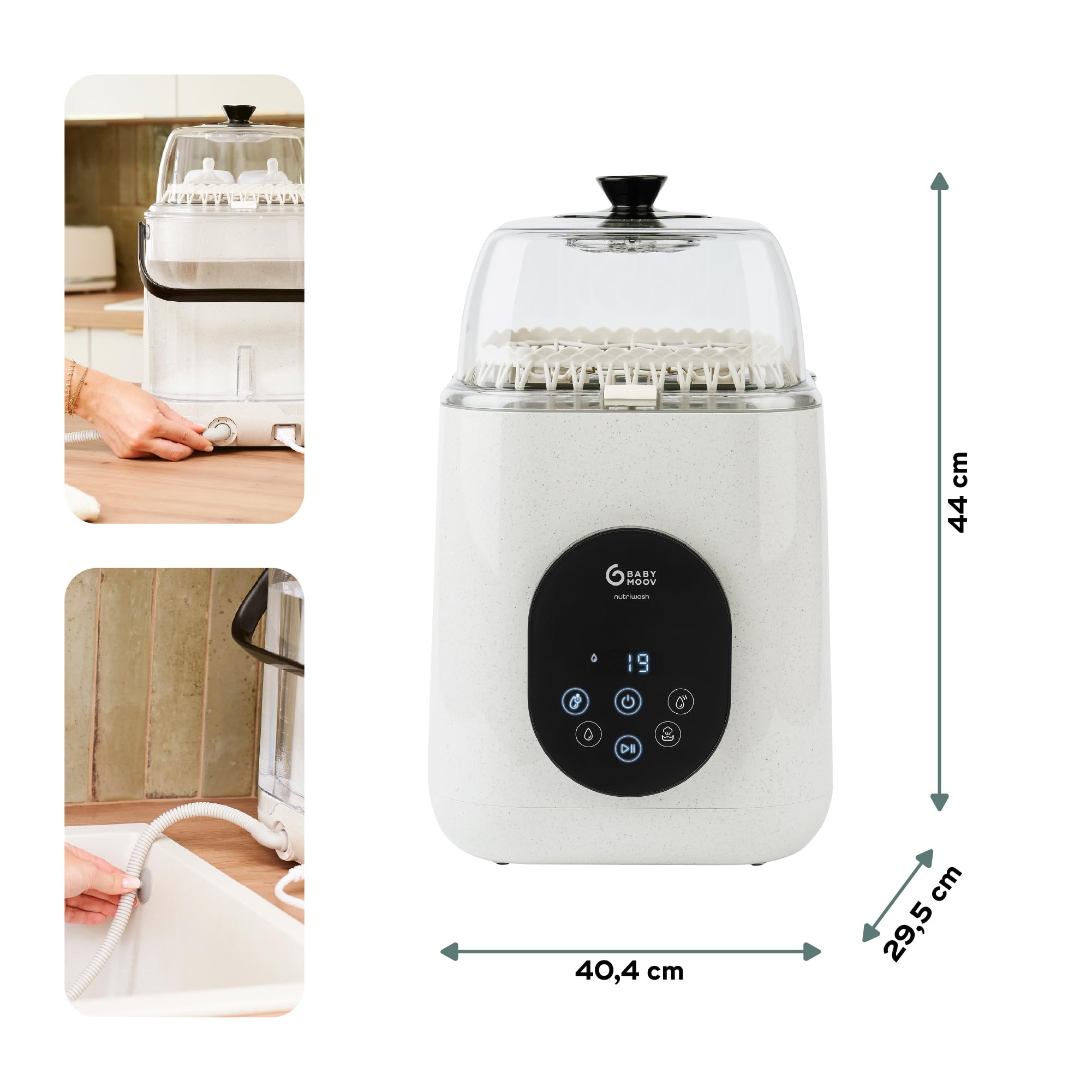 Babymoov Lave Biberon Electrique NutriWash - 4 en 1 : Lave, Stérilise, Sèche & Stocke - 11 Programmes Rapides dès 19 min - Universel Biberons & Accessoires Bébé - Écran Tactile - Garanti à Vie