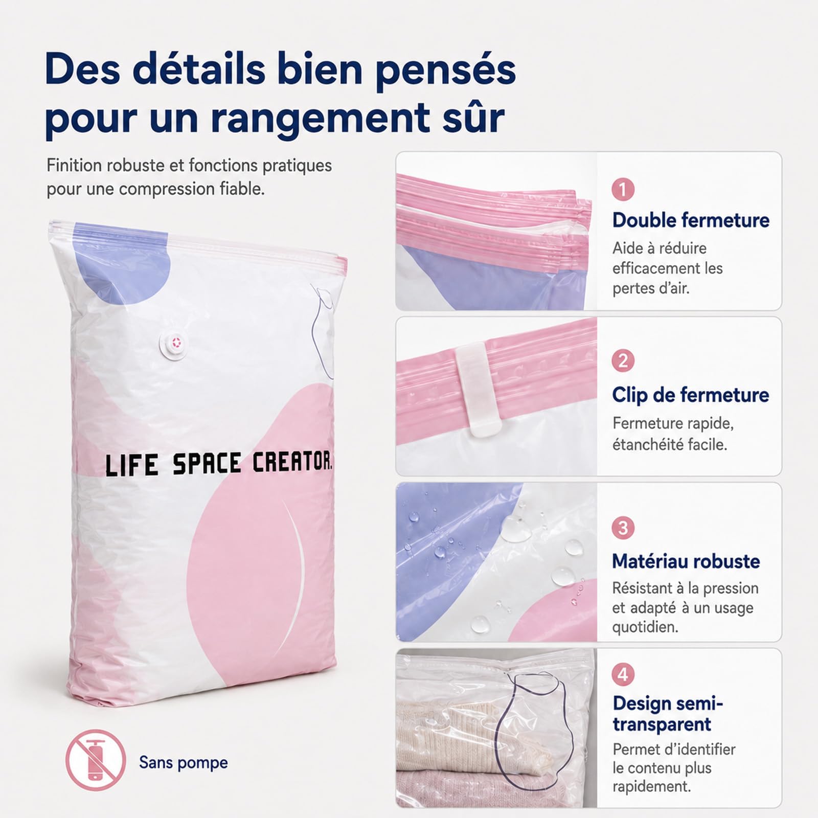 Life Space Creator Vacuum Storage Bags Without Pump,100 * 80 * 30cm (8) | Design 3D autoportante per un utilizzo semplice con una sola mano, chiusura ermetica ideale per vestiti, coperte e viaggi.