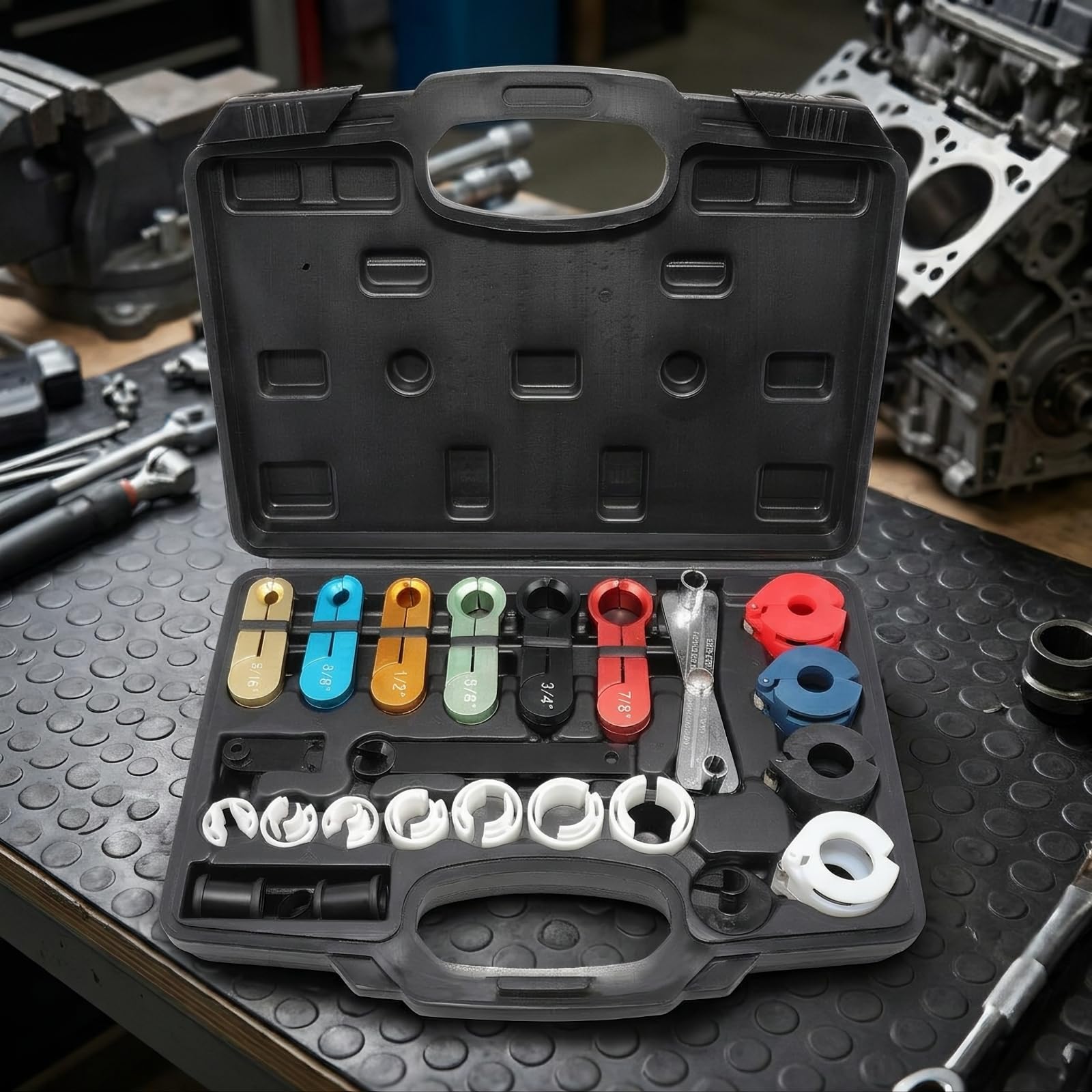 KESOTO Juego de Desconexión Automotriz Kit de Herramientas para Conexiones Adaptadores de Desenganche Llave de Ajuste Estuche Portátil con Compartimentos, Negro, Modelo De Acero Plástico
