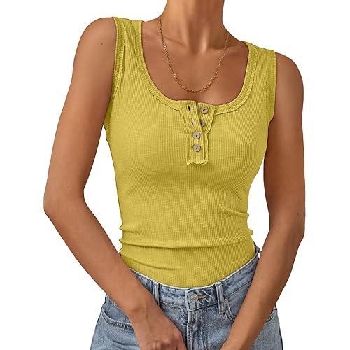 Kissfix Tank Tops for Women Summer Casual Cute Sleeveless Henley Shirts Beach Vacation Clothes Basic Tees