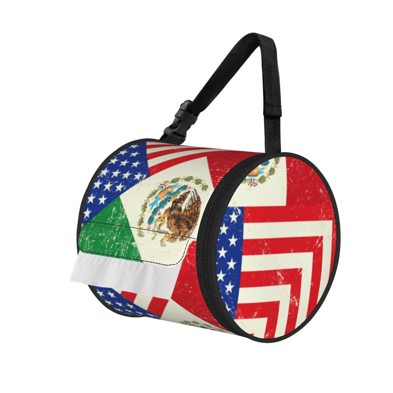 Mexican American Flag Print Round Tissue Dispenser Bag With Carry Strap, Portable Roll Holder For Car Travel Home
