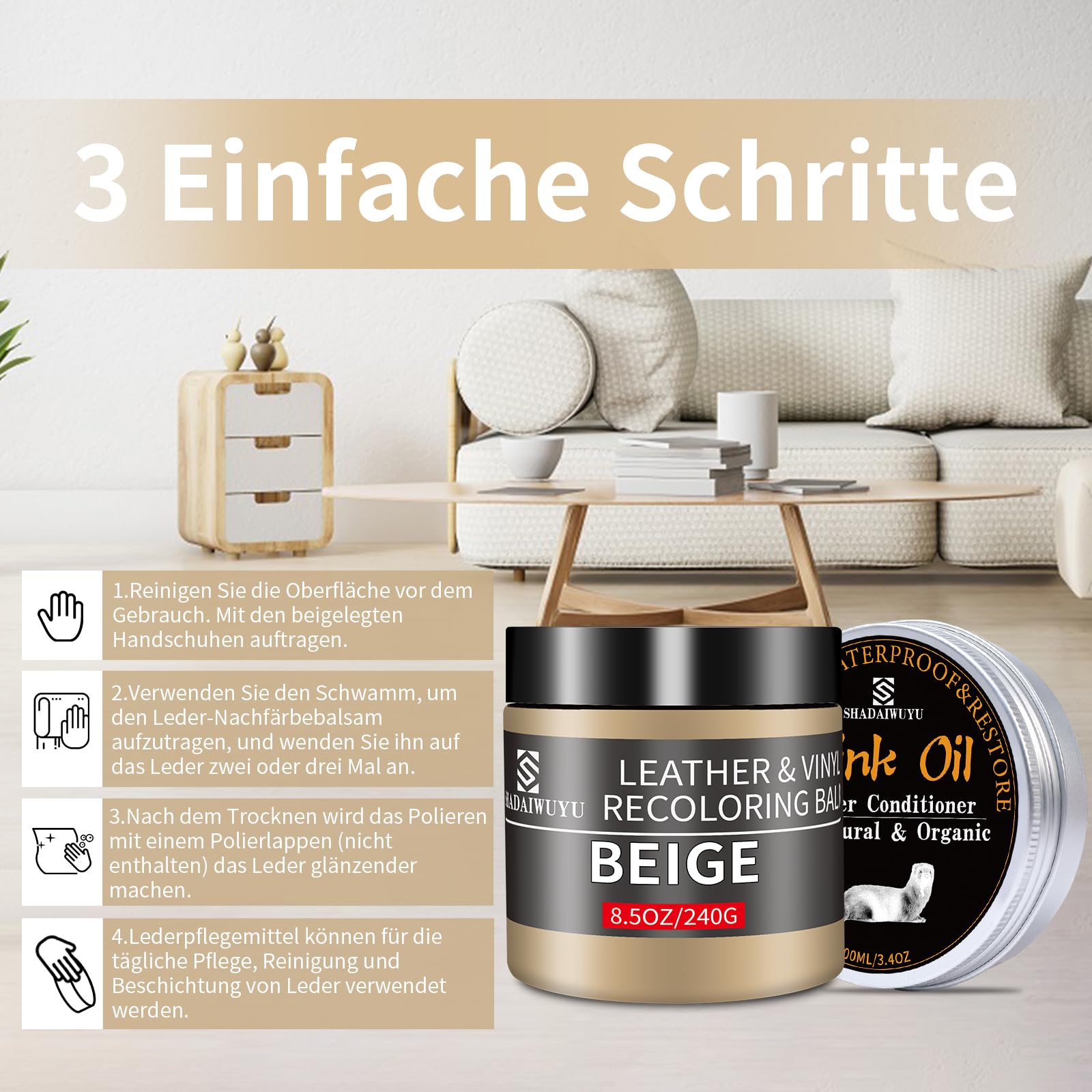 240g Lederpflege Auto mit Lederfett(100ml),Leder Reparatur Set Beige,Flüssigleder,Lederfarbe,Kunstleder Reparaturset zum Reparieren von Sofas,Vinylmöbeln,Autositz bei Verblassen und Kratzer