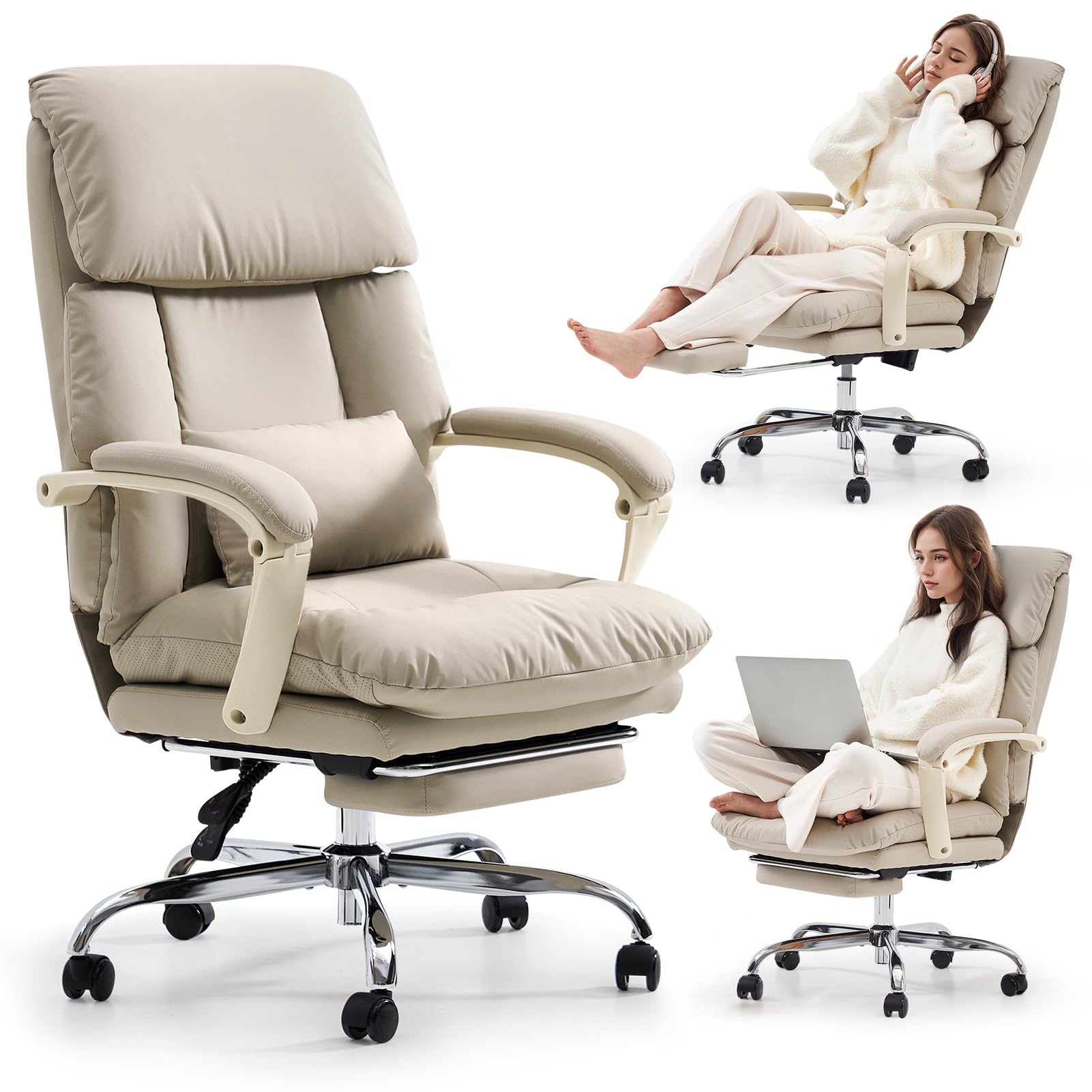 EMIAH Office Chair with Foot Rest Ergonomic Executive Office Chair with Arms Reclining High Back PU Leather Comfy