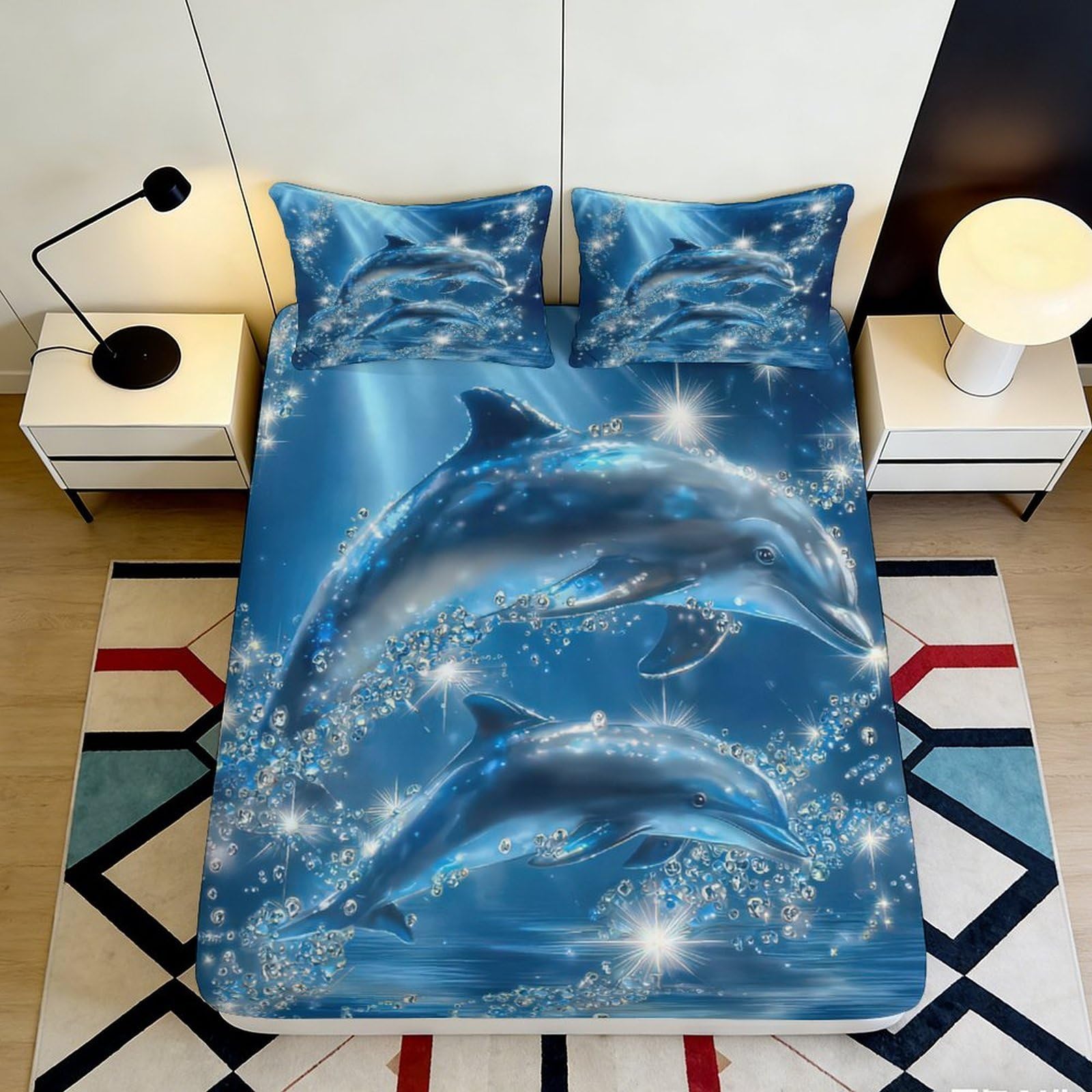 3D Printed Dolphin Blue Fitted Sheet Microfiber Soft Breathable Sparkling Water Bed Cover for Bedroom Dormitory Guest Room Mattress Protection 90x200x25cm