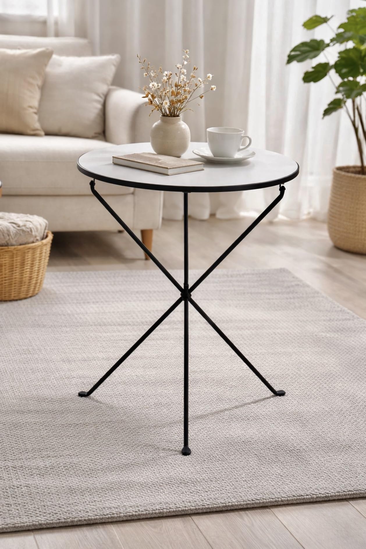 Round Foldable Side Table, Solid Metal Base and Wood Light Grey and Black, Tripod Legs, for Garden, Bedroom, Balcony, Coffee and Multipurpose Use Table-image-39