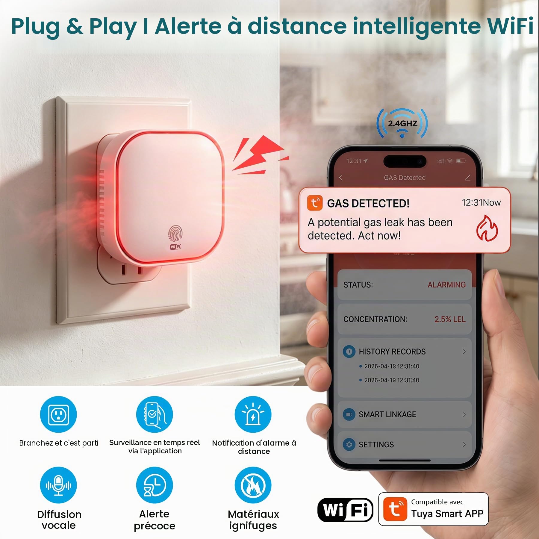 BoundlessBrothers Détecteur de Gaz WiFi, Alarme Cuisine en 50194, Compatible Tuya Smart 2.4GHz, Capteur de Fuite pour Gaz Naturel, Méthane, Propane, Butane, GPL