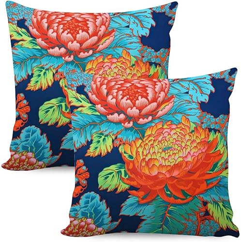 Juego de 2 fundas de almohada para sofá de granja, color turquesa, verde azulado, chinoiserie, coral, peonía, floral, estilo asiático, chinoiserie,