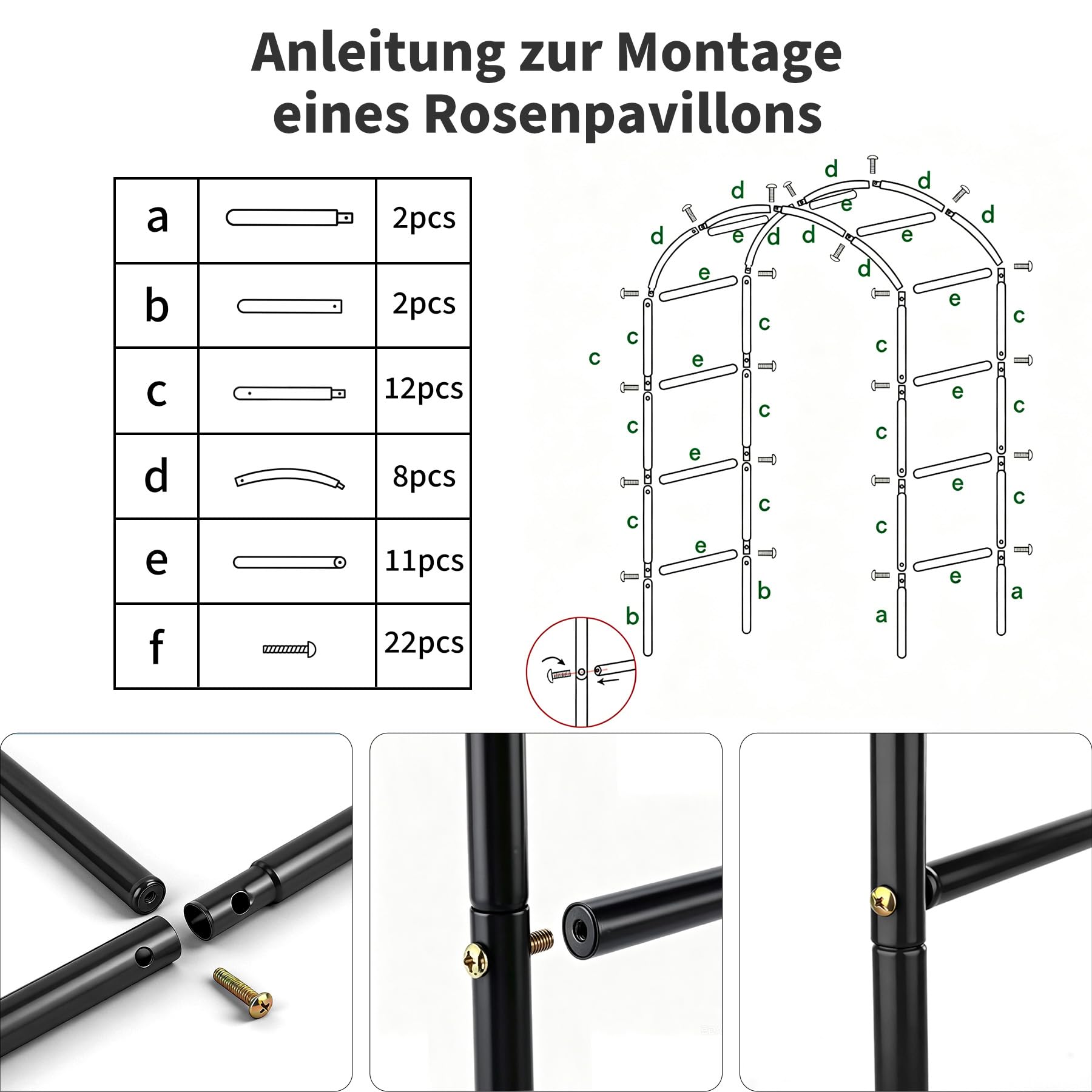 Gartenbogen aus Metall, 2,4M Garten-Torbogen Pulverbeschichteter Stahlrahmen für Pflanzen zur Unterstützung von Rosen, die Torbogen-Gartendekoration (Schwarz)
