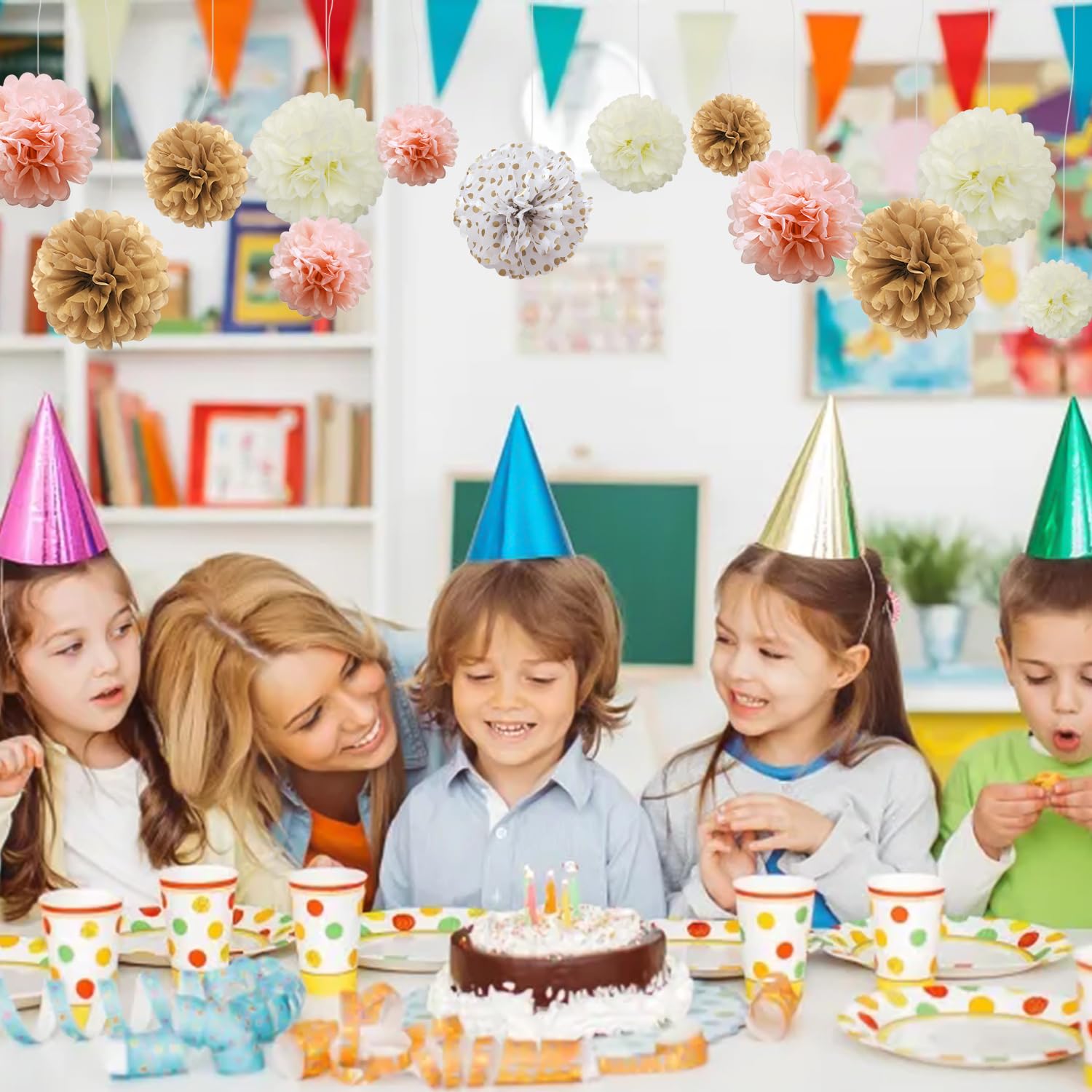 TREABEAR 26 stuks feestdecoraties, papieren bloemen voor verjaardagen en communie, kleurrijke vlaggetjes voor babyshower, doop en kind