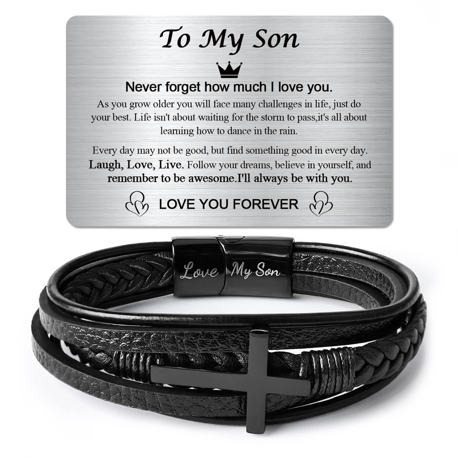 Pulsera de mamá con texto en inglés To My Son Bracelet from Mom, regalos para hijos, regalos de cumpleaños para hombres con tarjeta de cartera grabada, pulsera de hijo, regalos para él, Acero
