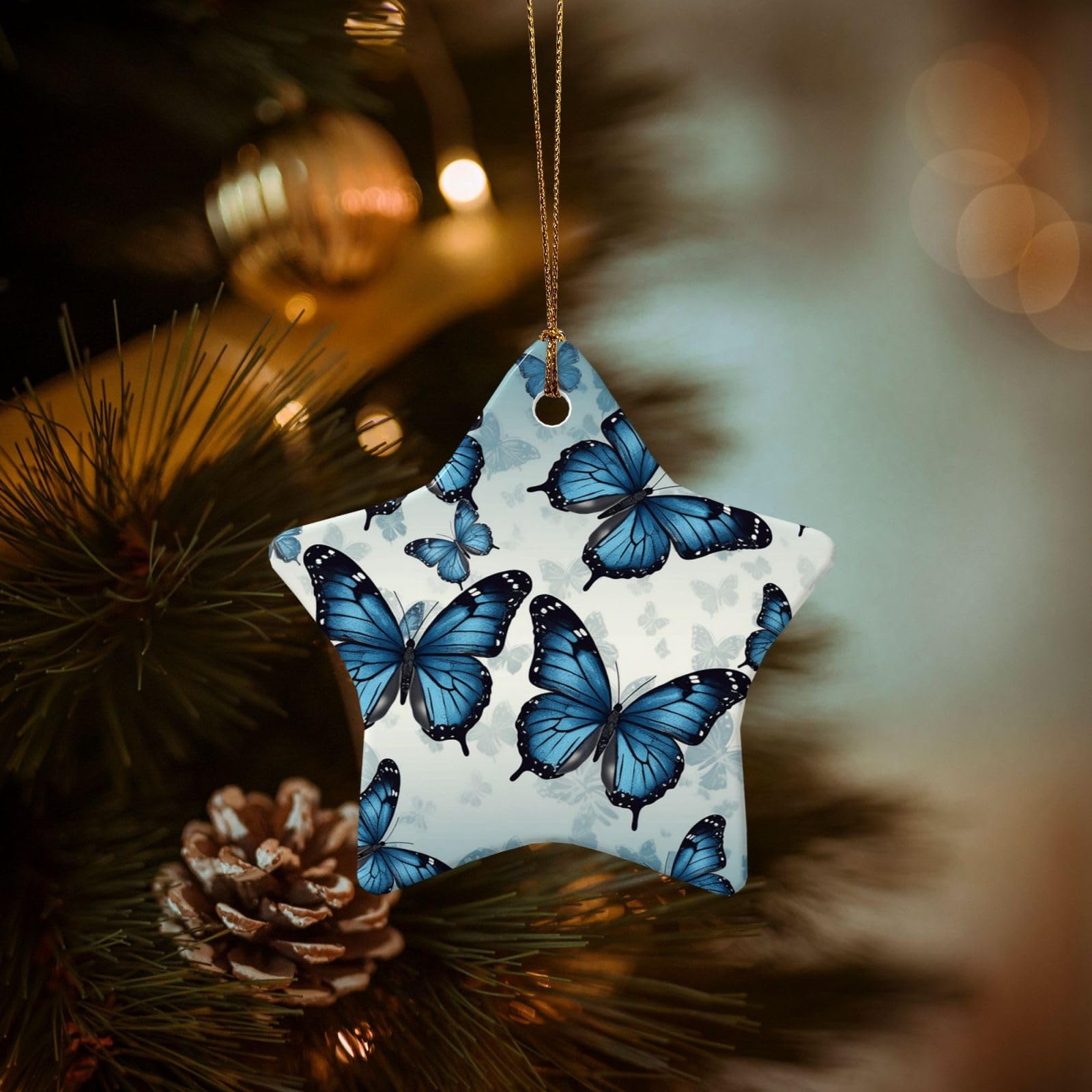 Christmas Tree Ornaments Ceramics Christmas Decorations Blue Butterfly Ornaments with Gold Ribbon Porcelain Xmas Tree Crafts Star Shape Hanging Pendant for Christmas Tree Party Decor