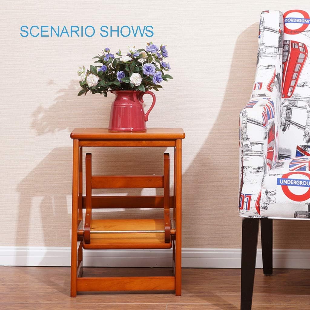 CHEWYNP Easy and Convenient Folding Step Stool,Oak Wood Folding Chair Stepladder Stairway Chair with 2 Steps for Home Fold up Library/Kitchen/Office Steps Portable,Step Stool with Handle,B