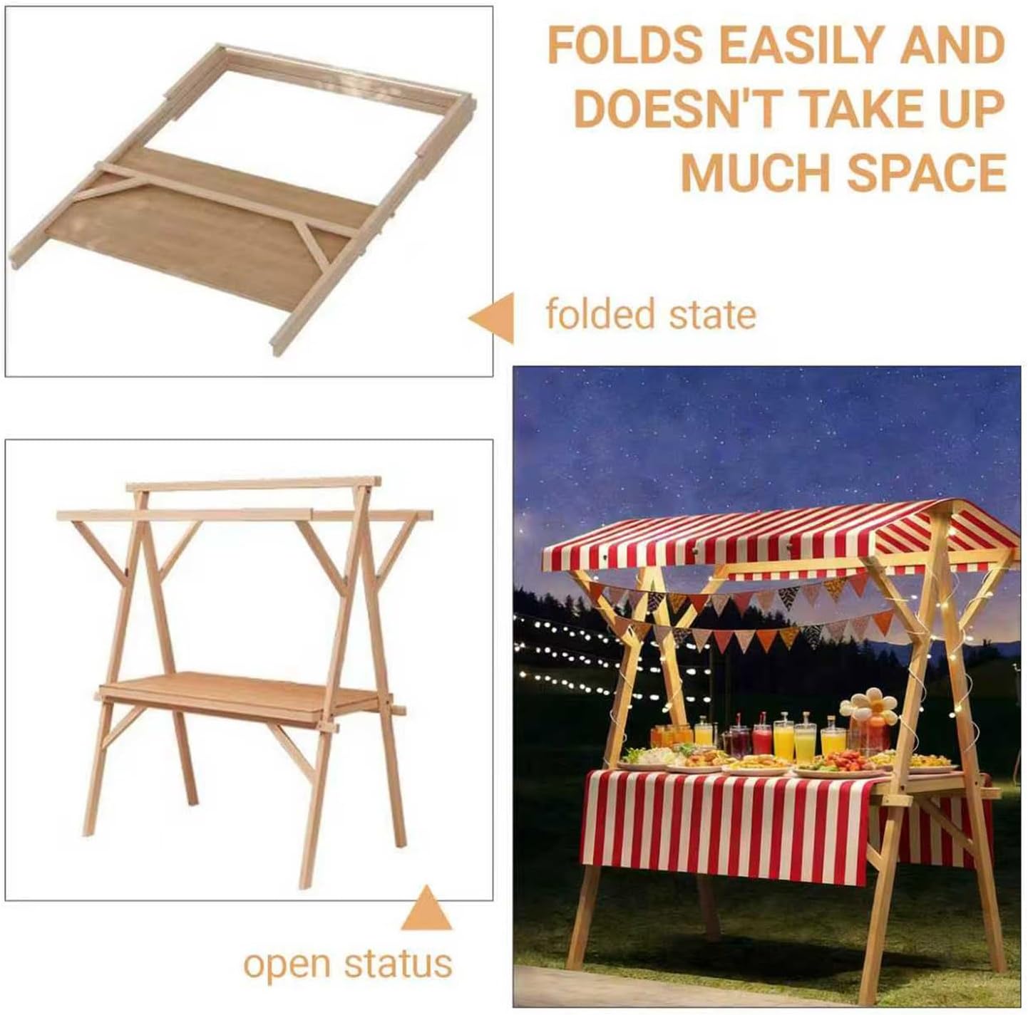 Lightweight Market Stall Display Stand for Outdoor Vendor, Foldable Wooden Market Stall Booth with Canopy, Commercial Food Display Stand for Market, Street Foods & Events(E,120cm/47in)