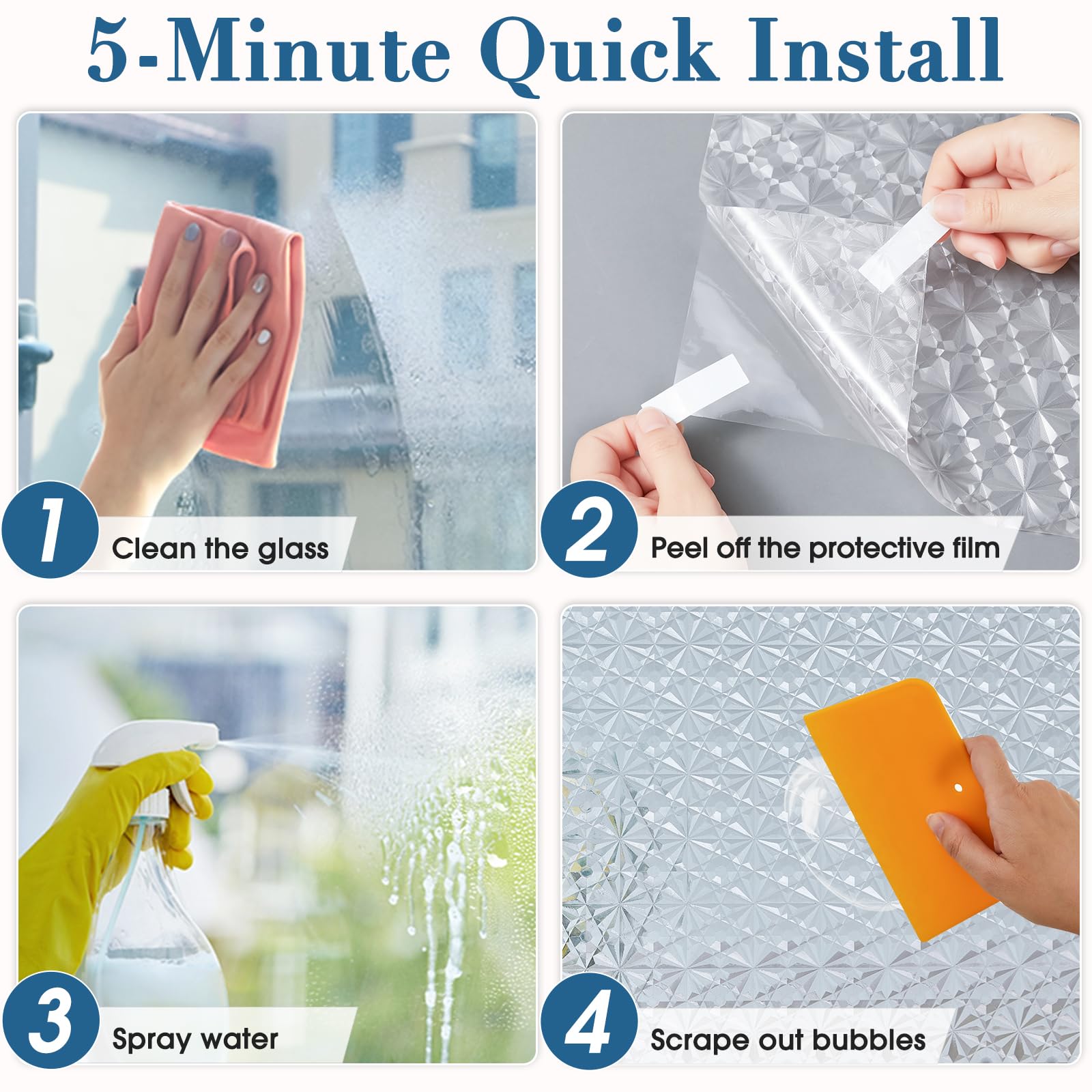 Windimiley 3D-Diamant-Milchglas-Fenster-Sichtschutzfolie, statisch haftend, kein Kleber, entfernbares Vinyl, UV-blockierend, Hitzekontrolle, mietfreundlich, dekorative Abdeckung für Badezimmer