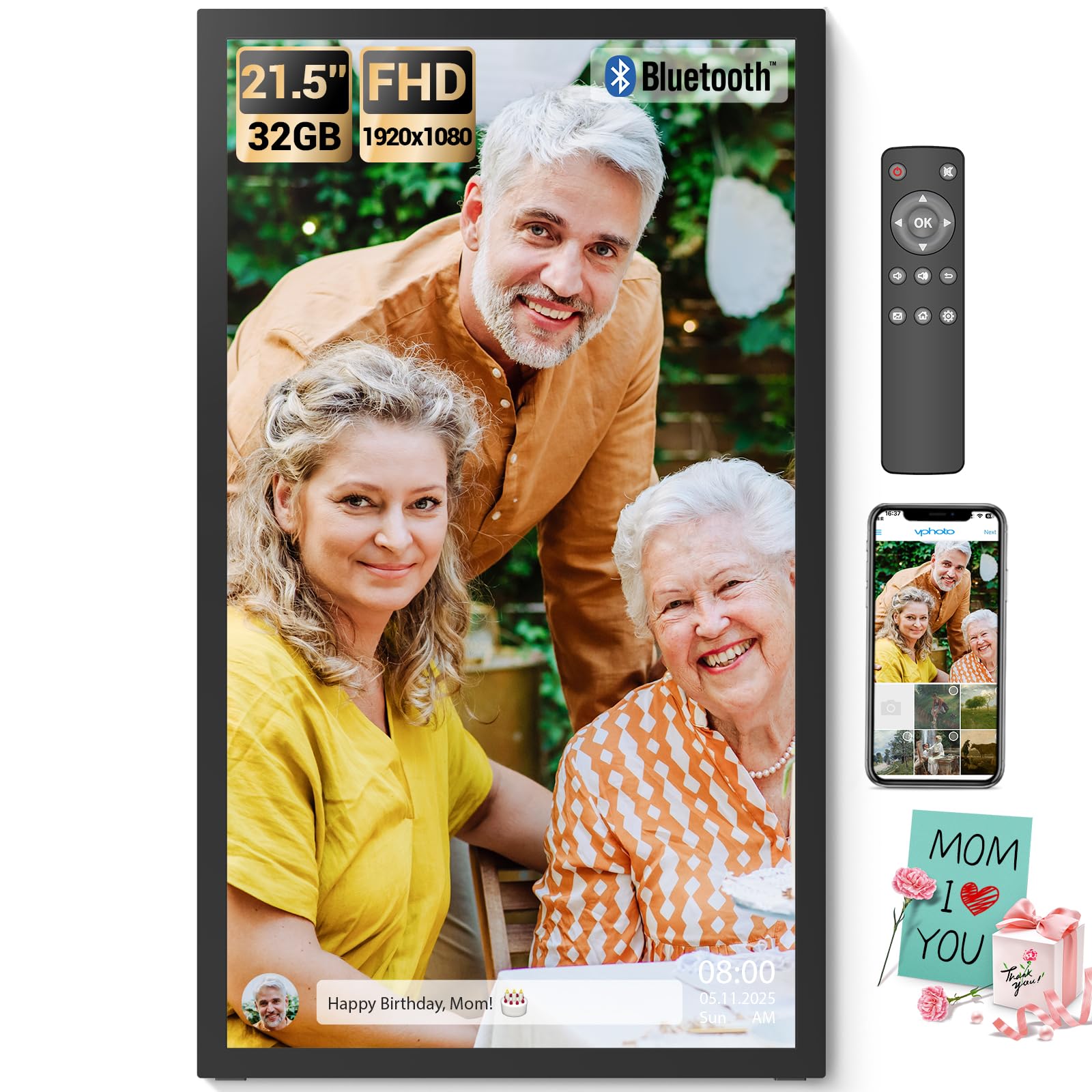 BSIMB Large Digital Picture Frame 21.5 Inch, 1920x1080 FHD WiFi Digital Photo Frame Electronic 32GB Remote Control, Share Pictures/Videos via App/USB/SD Easy Setup Gifts for Mom(Non-Touch), Black