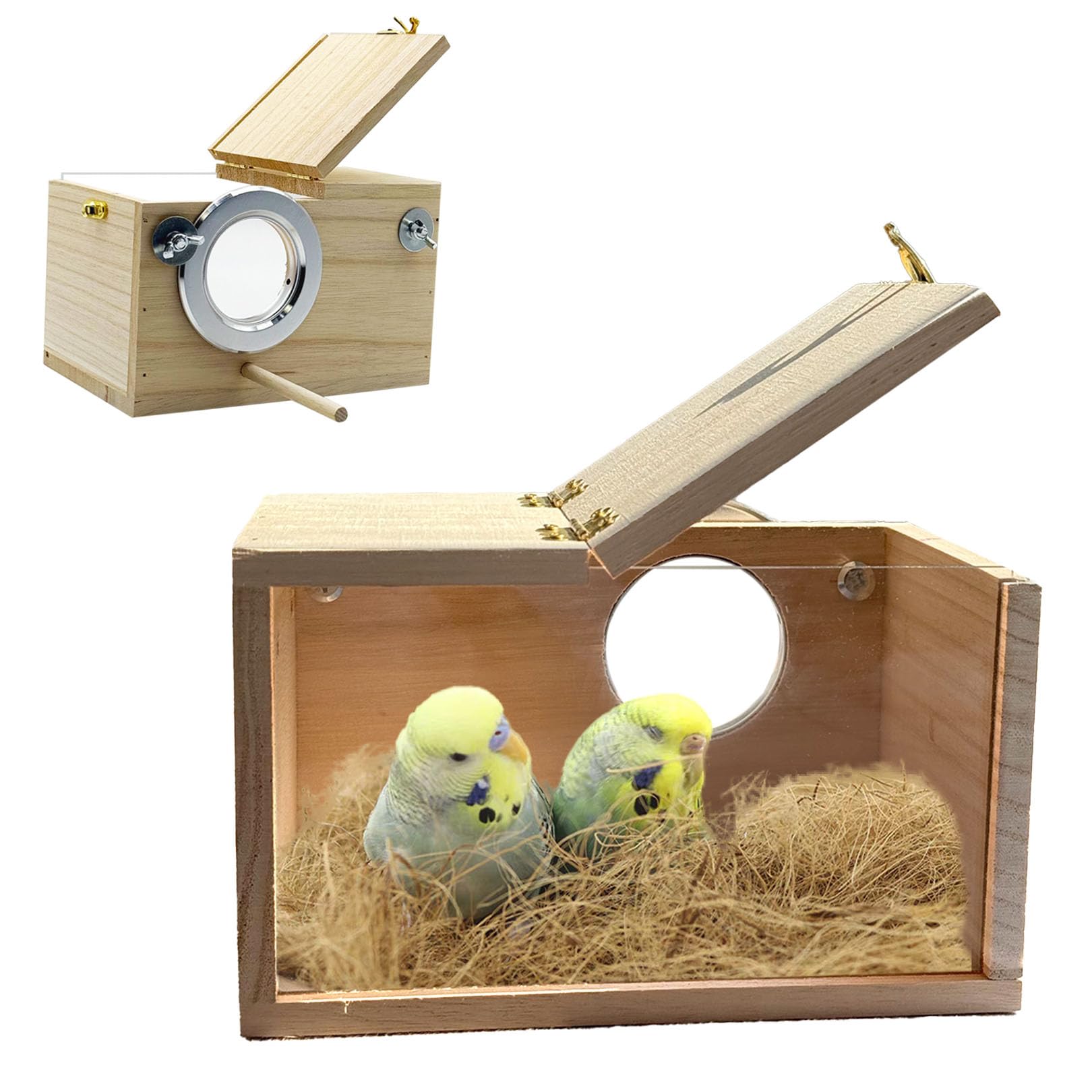 Caja nido para periquitos, caja de cría transparente de 7.87 x 4.72 x 4.72 pulgadas, caja de cría de nido de pájaros con perca, caja de apareamiento para loros, pajarera de madera para jaula