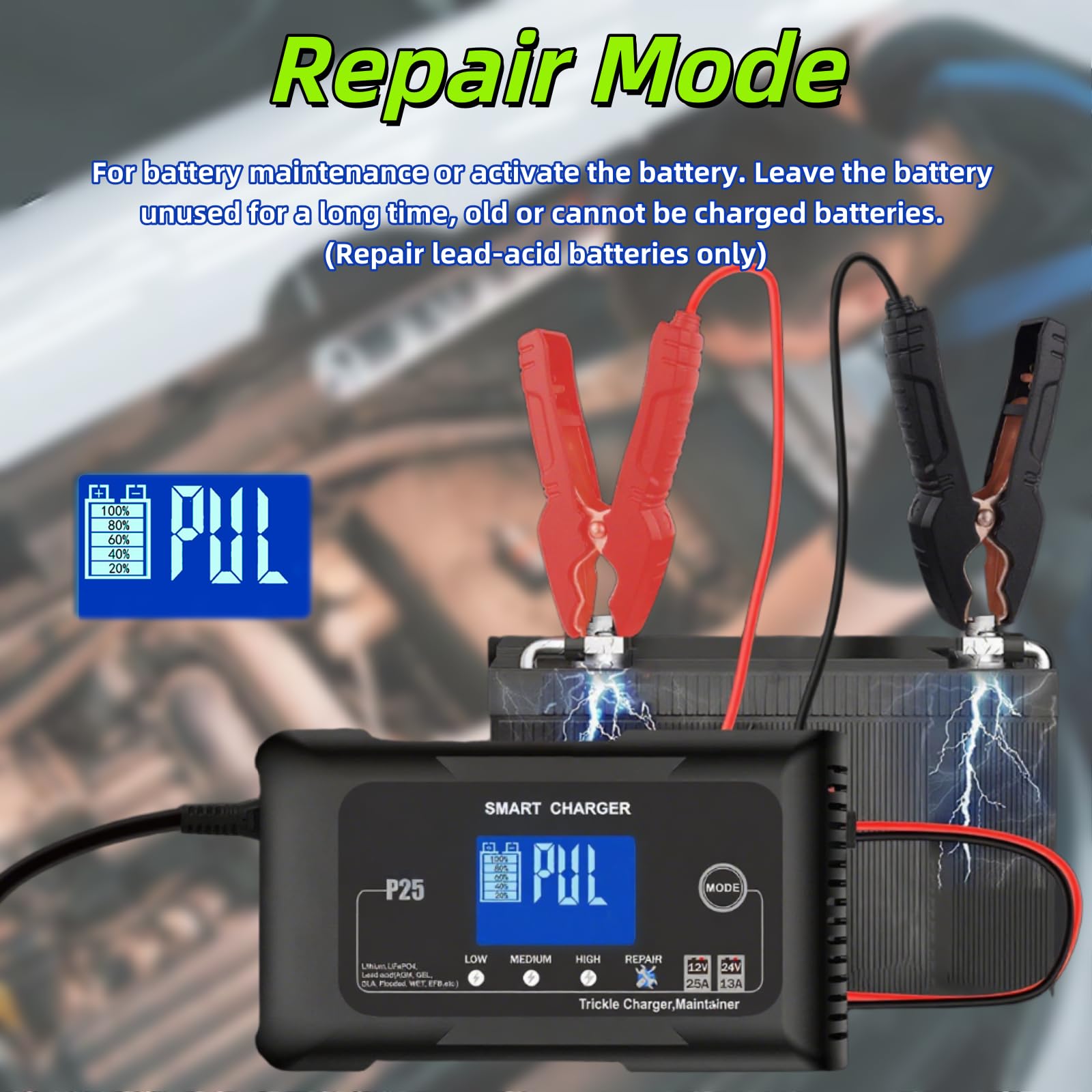 Ładowarka i podtrzymywacz akumulatorów samochodowych Smart 12 V/24 V 25 A, 9-etapowe ładowanie z wyświetlaczem LCD, 4 tryby do wyboru: litowo-jonowy/LiFePo4/kwasowo-ołowiowy/AGM