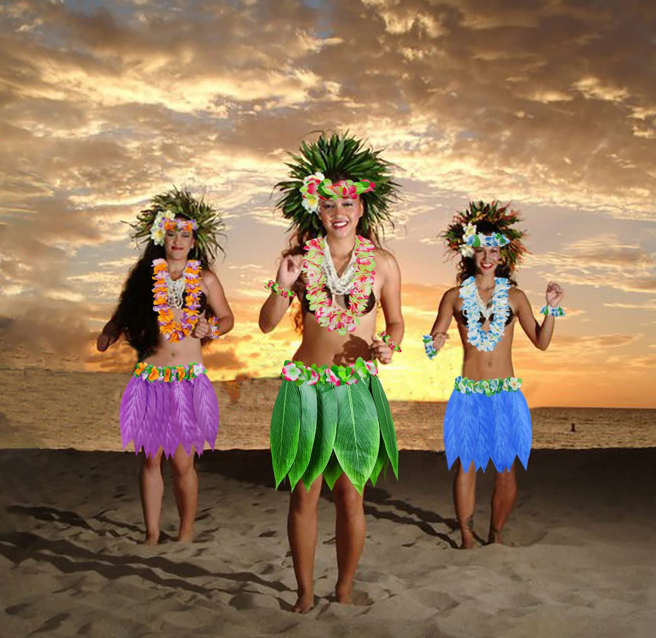 Falda hula de hojas con falda de hierba hawaiana Leis y flores artificiales de hibisco para playa, fiesta hawaiana Luau Tiki (color 8)