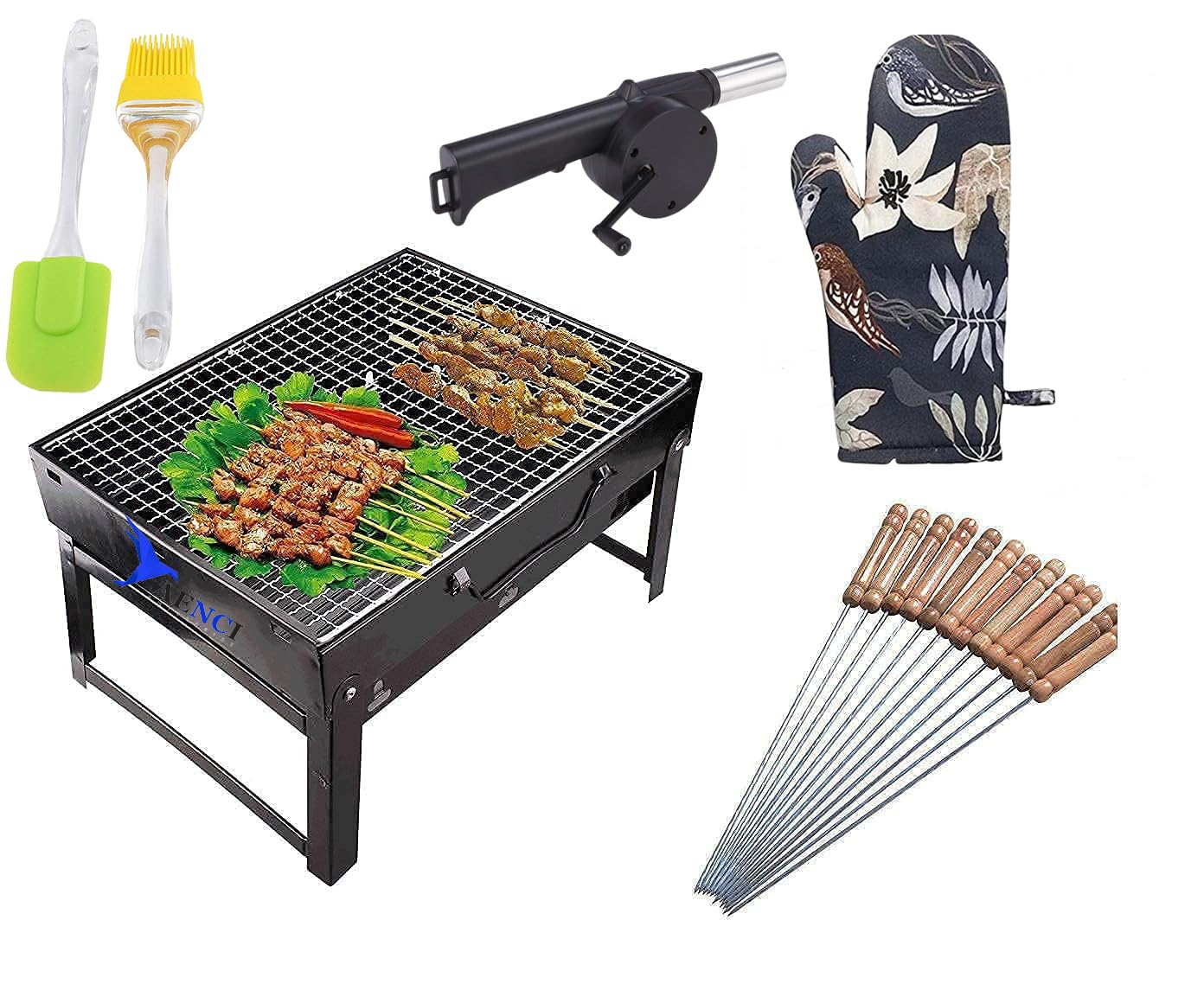 AENCI Barbeque - Folding Portable Outdoor Barbeque Charcoal BBQ Grill Oven, Charcoal Grill, Barbeque Set For Home, BBQ Grill Set for Garden & Outdoors (1BBQ,12Stick,1AirBlower,1Gloves,2Brush)