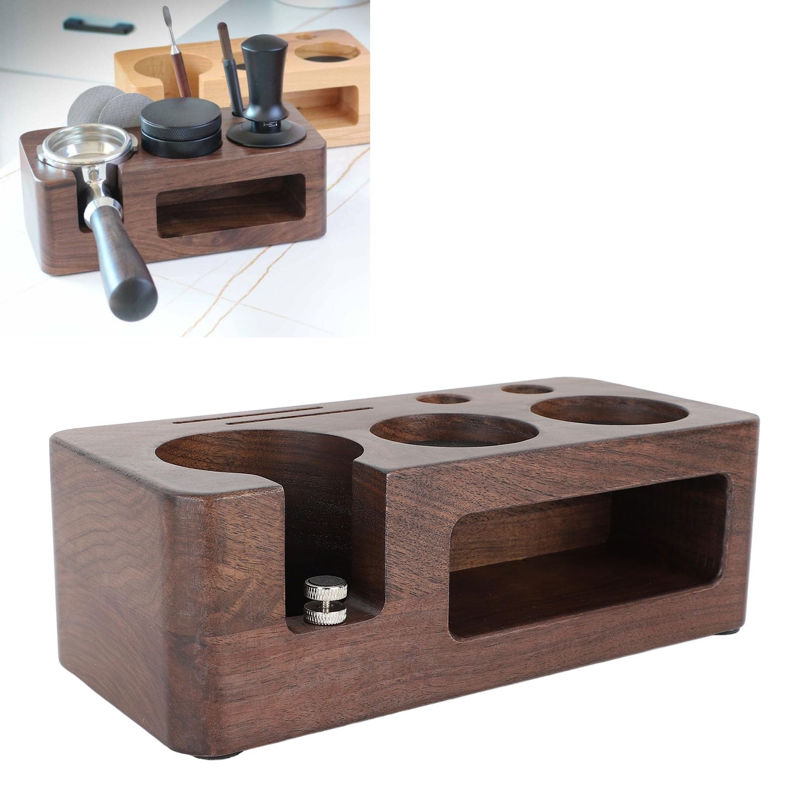 Walnussholz -Kaffee -Manips Station Praktischer Portafilter Tamping Stand mit Kaffeezubehör Aufbewahrungsaufbewahrungsvergleich mit Mehreren Kaffeemaschinen Exquisit und Praktisch Stabil (53MM)