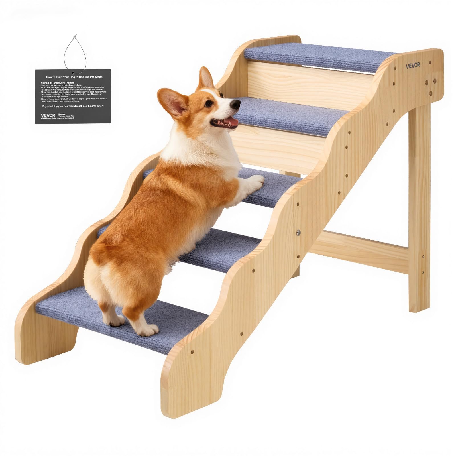VEVOR Escalera para Perros de 910 x 430 x 630 mm, 5 Peldaños, de Madera, para Mascotas Pequeñas, Medianas, Grandes y Mayores, Así como para Cachorros de hasta 68 kg, para Camas, Sofás y Coches