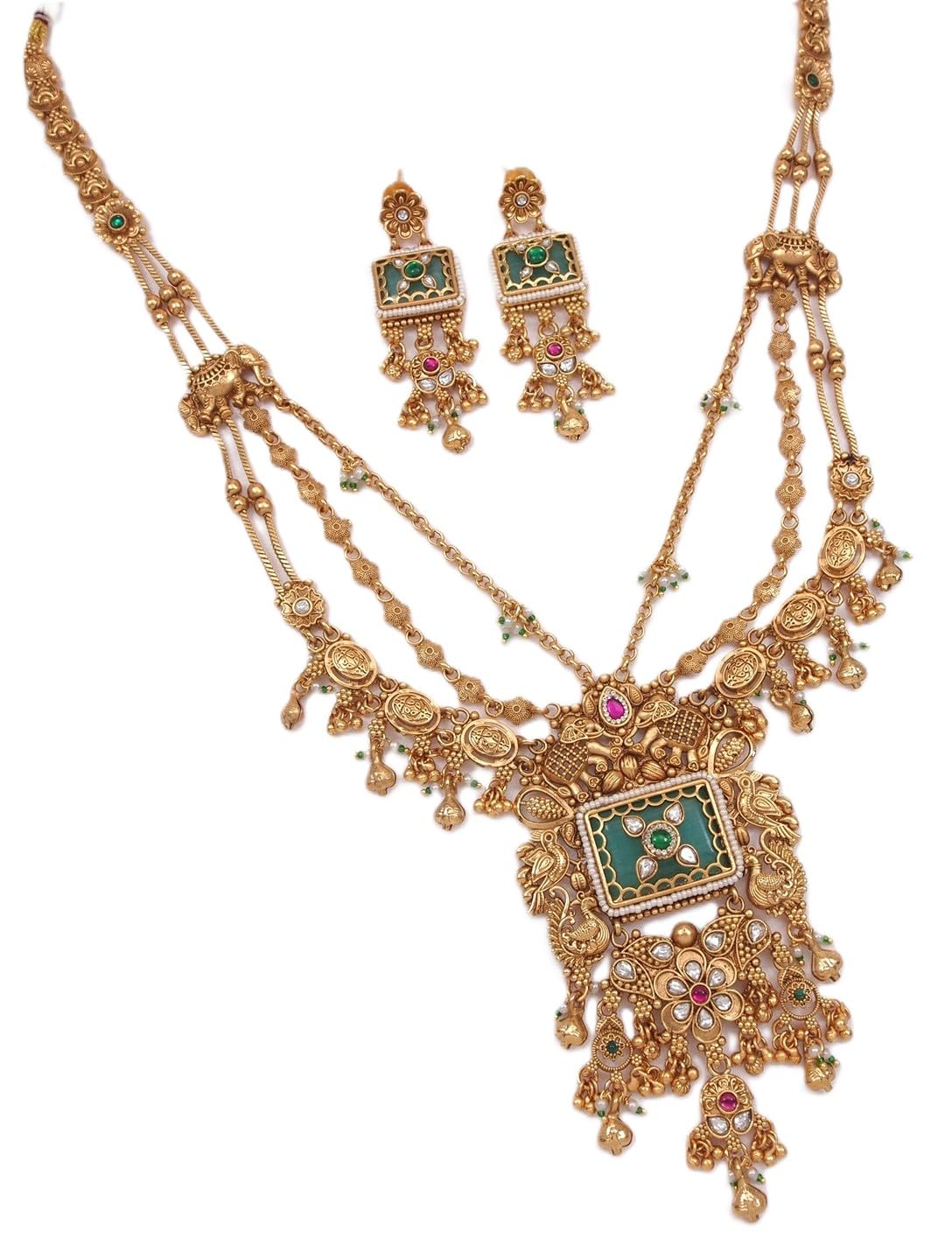 Ethnic Royal Heritage Antique Gold-Toned Brass Rani Haar Necklace Set with Earrings-image-16