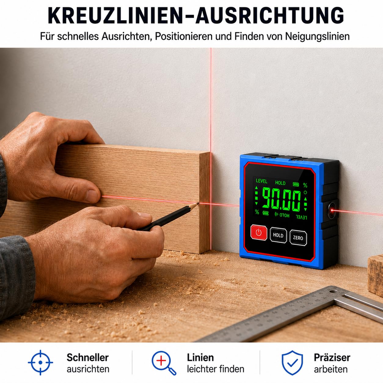 Digitale Wasserwaage mit Kreuzlinien-Ausrichtung, 4-seitig Magnetischer Digitaler Winkelmesser, USB-C Wiederaufladbar, LCD Display Präzisionsmessgerät für Holzbearbeitung, Montage & Bau