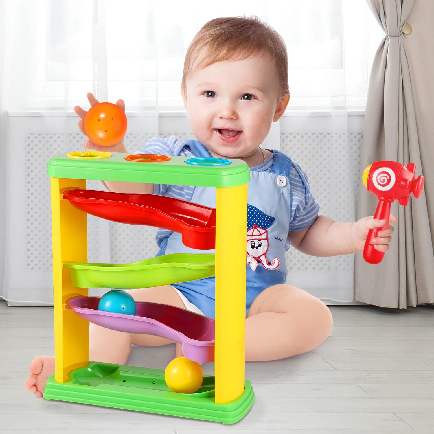 Award Winning Pound a Ball with Rocket Hammer + 8 Stacking Cups for 1 Year Old Boys and Girls|Durable Pound & Roll for Toddler Age 1 2 3|Montessori Educational Learning Set|Gift for 12-18 Months Baby