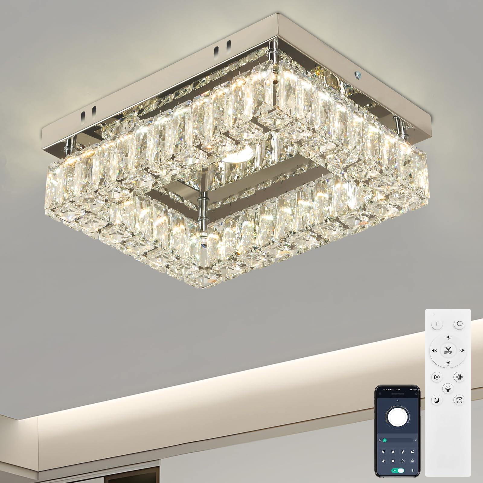 Cainjiazh Dimmable Modern Chandelier LED Crystal Ceiling Light Rectangular Close to Ceiling Light Flush Mount K9 Crystal Remote & App Control 2700K–6500K Lighting for Living Room Bedroom Hallway