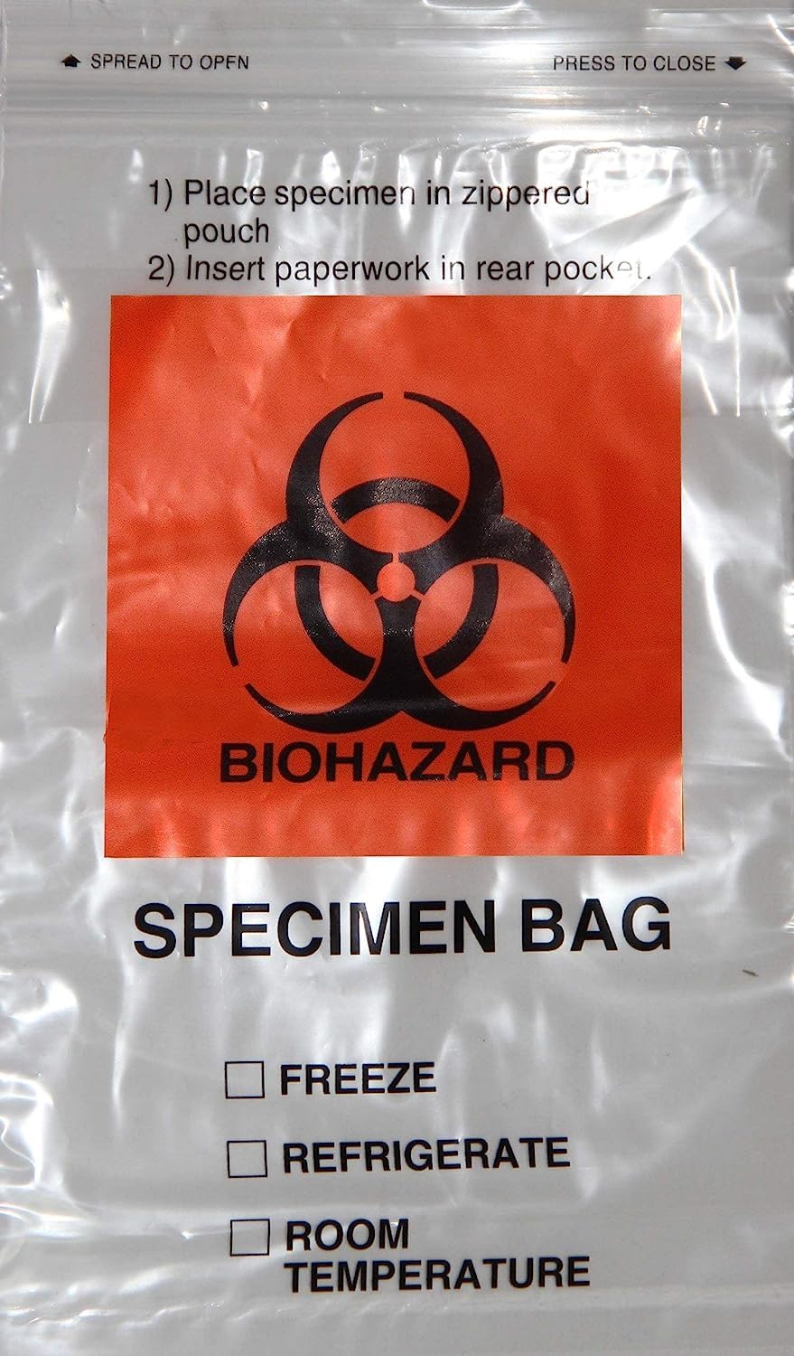 Specimen Bio-Hazard Plastic Bag - 6 x 9 in, with Zip Lock and Extra Pocket - 100 pcs