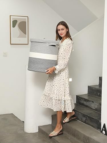 Miniatura 2 de Cesta de almacenamiento extra grande de 16 x 16 x 18 pulgadas con tapa, cestas de almacenamiento de cuerda de algodón, canasta de lavandería, Gris