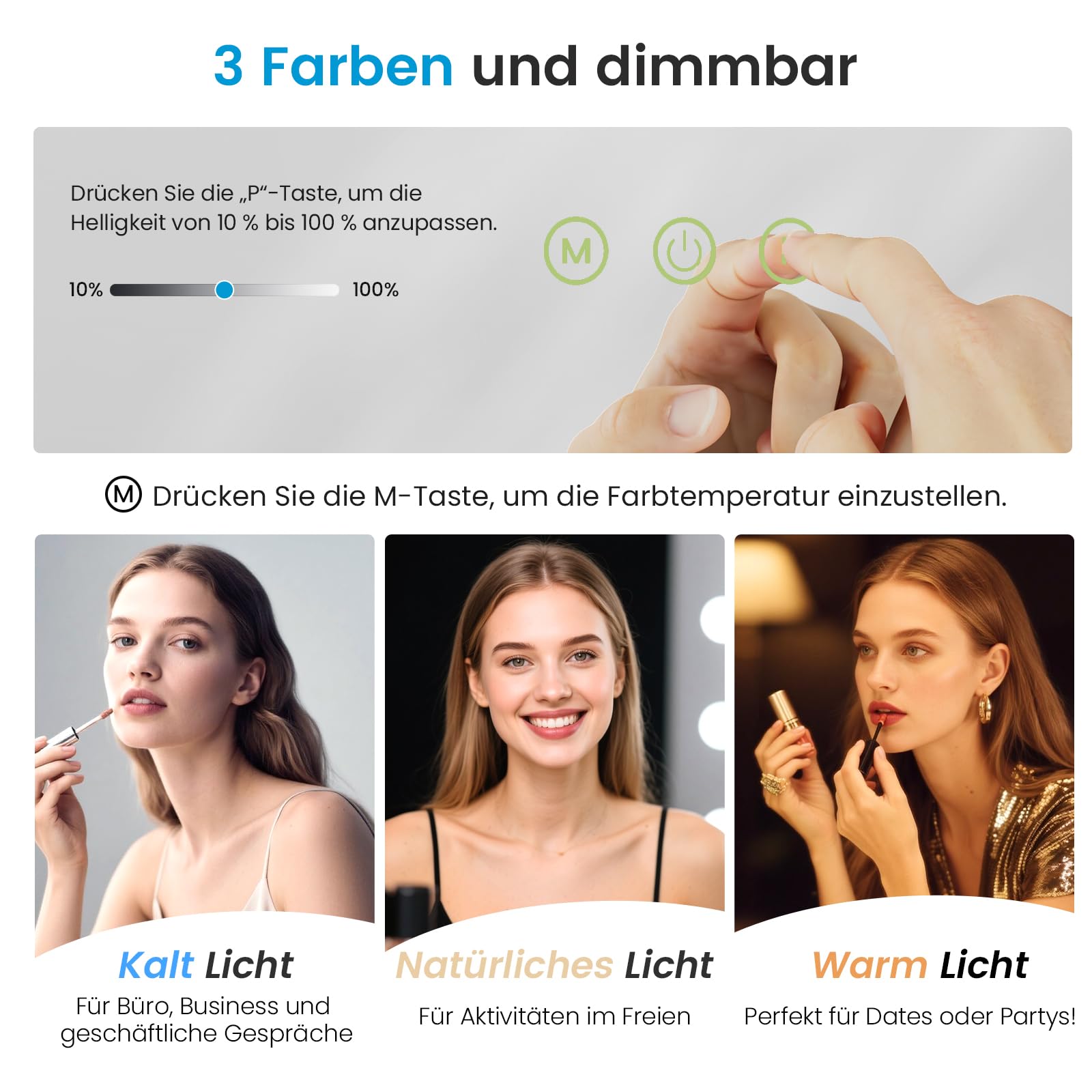 Heilmetz Schminkspiegel mit Beleuchtung 50x42cm, LED Hollywood Spiegel mit Dimmbar 3 Lichtfarben, Touch Schalter, Makeup Kosmetikspiegel mit Licht - Weiß