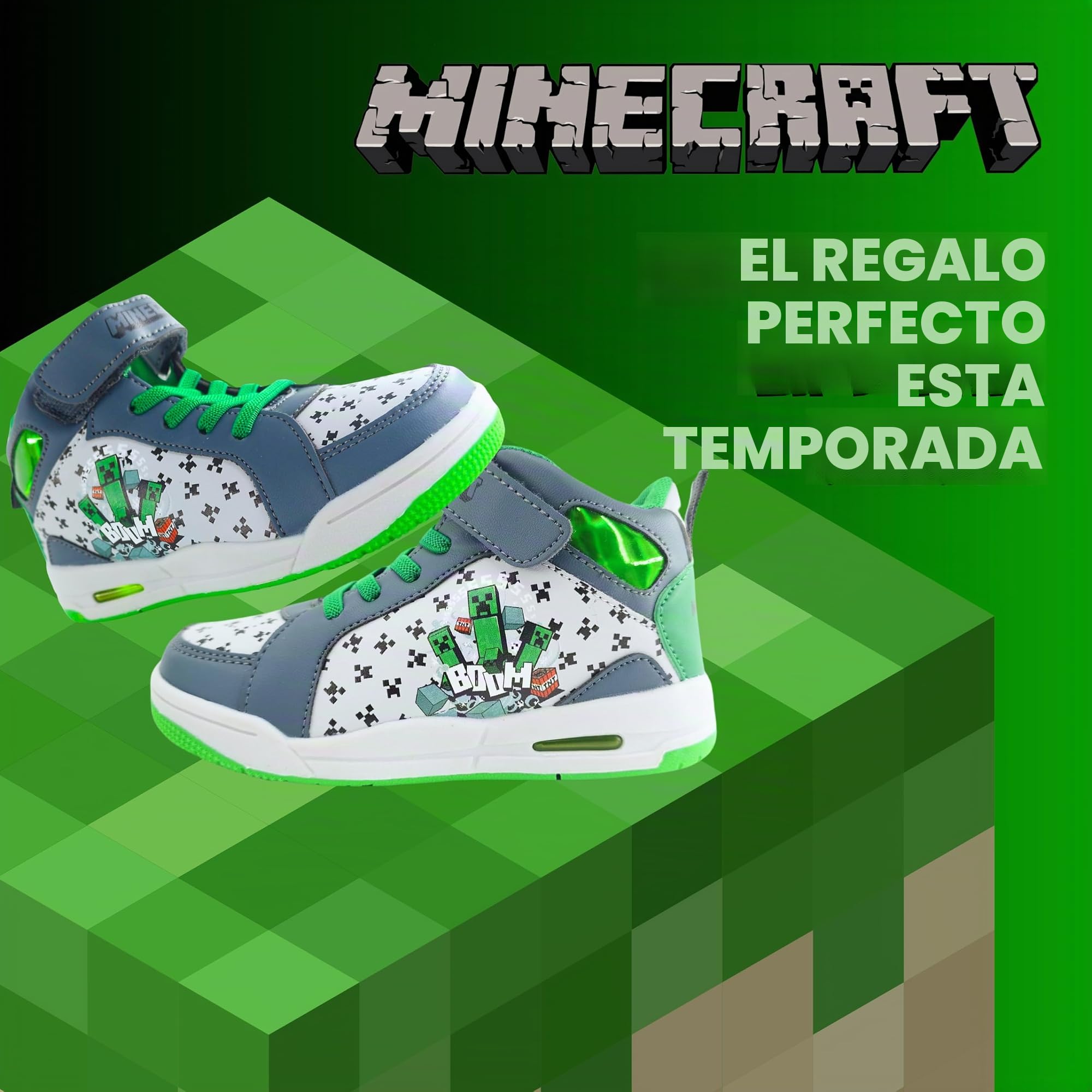 Minecraft Zapatos para Niño, Calzado Deportivo, Deportivas Diseño Creeper, Deportivas Luces para Niño, Tallas EU 24 a 32