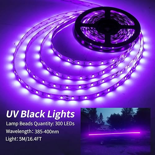Miniatura 2 de Tira de luces LED de 12 V 16.4 pies, luz ultravioleta ultravioleta negra, luces de pesca nocturna, 5050 LED impermeable, tira LED UV con cable de