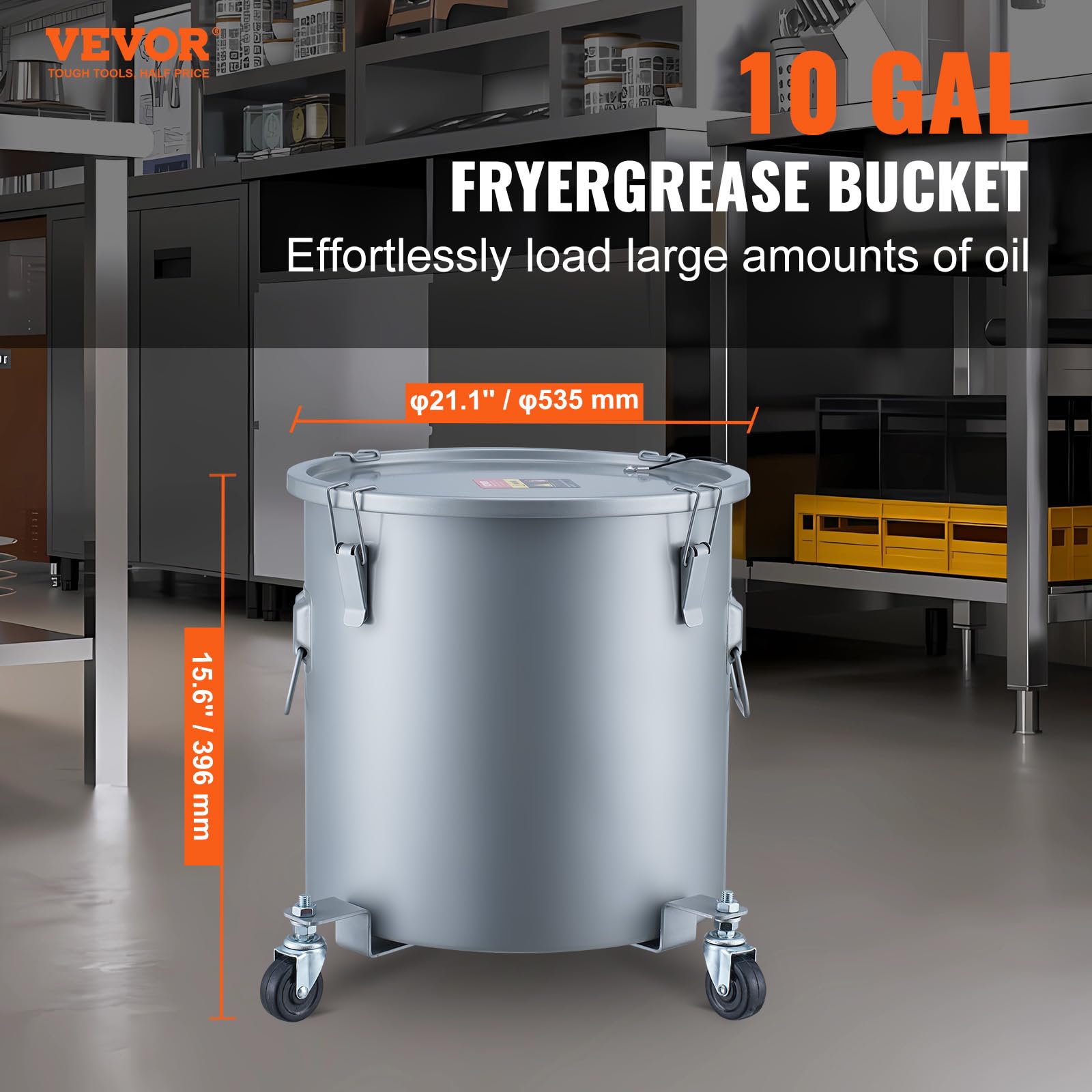 VEVOR Collecte Huile et Graisse Usagées sur Roulettes, 37,8 L, Fut de Récupération d'Huile pour Friteuse en Acier au Carbone, Récipient d'Huile avec Couvercle, Pinces de Verrouillage, Sac Filtrant