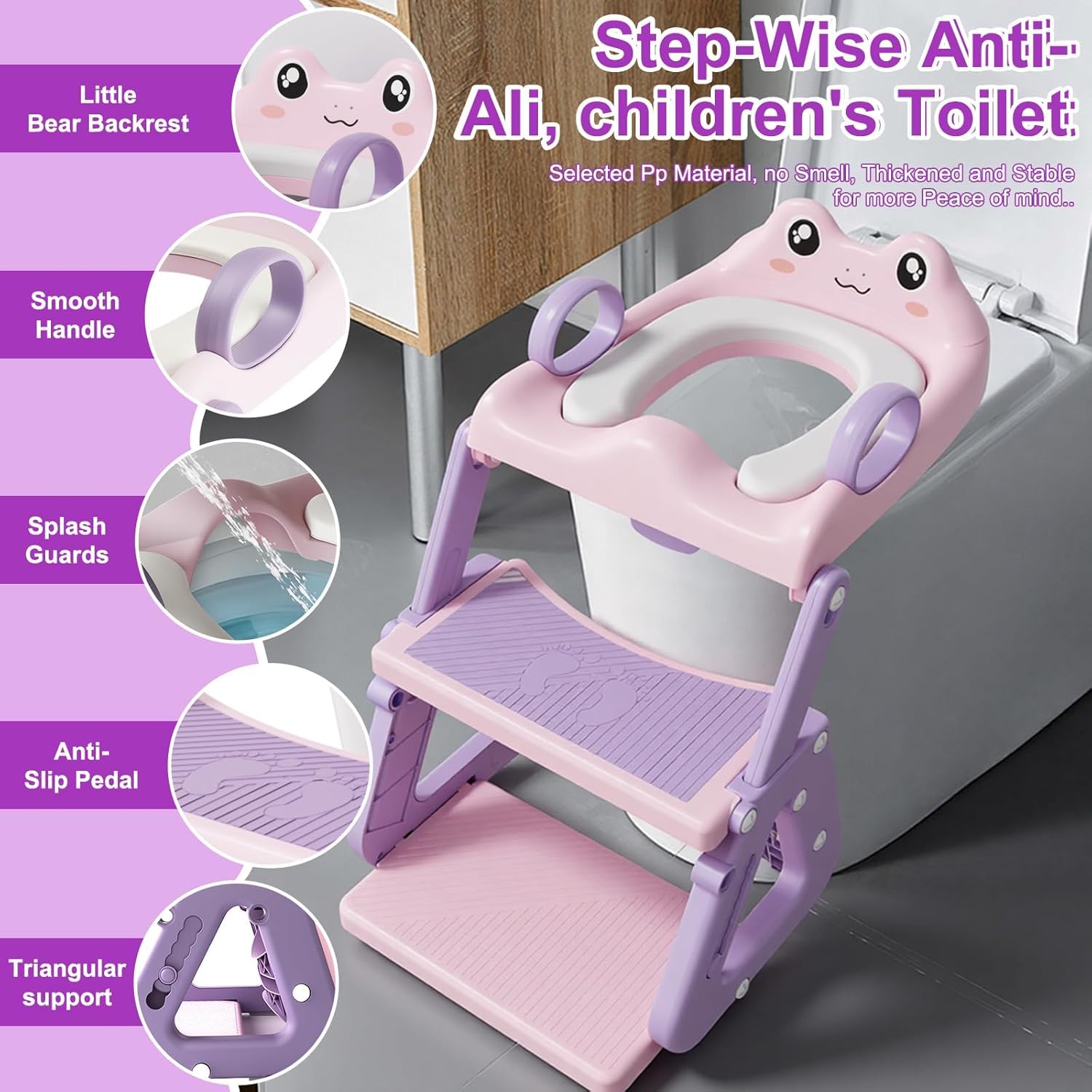 Riduttore Wc Bambini con Scaletta, Stabilizzare Scaletta Wc Per Bambini con Struttura a Triangolo,Scaletta Riduttore Wc per Bambini,Cuscino in PVC Impermeabile,Antiscivolo e Pieghevole,rosa